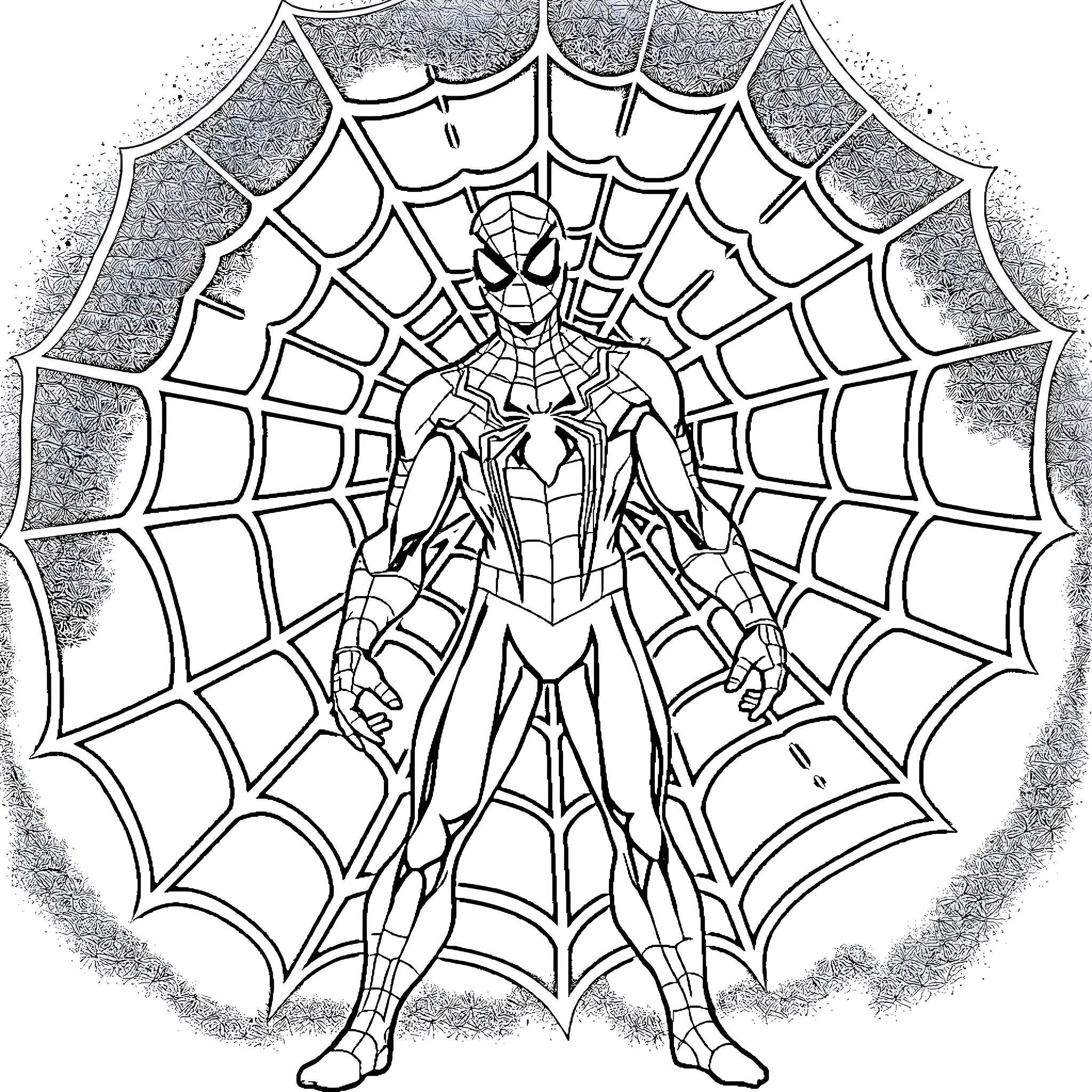 Spider-Man poses on a web-filled scene Coloring Page (free black-and-white line drawing printable PDF for all, from beginners to advanced learners, including children, teens, adults, and seniors)