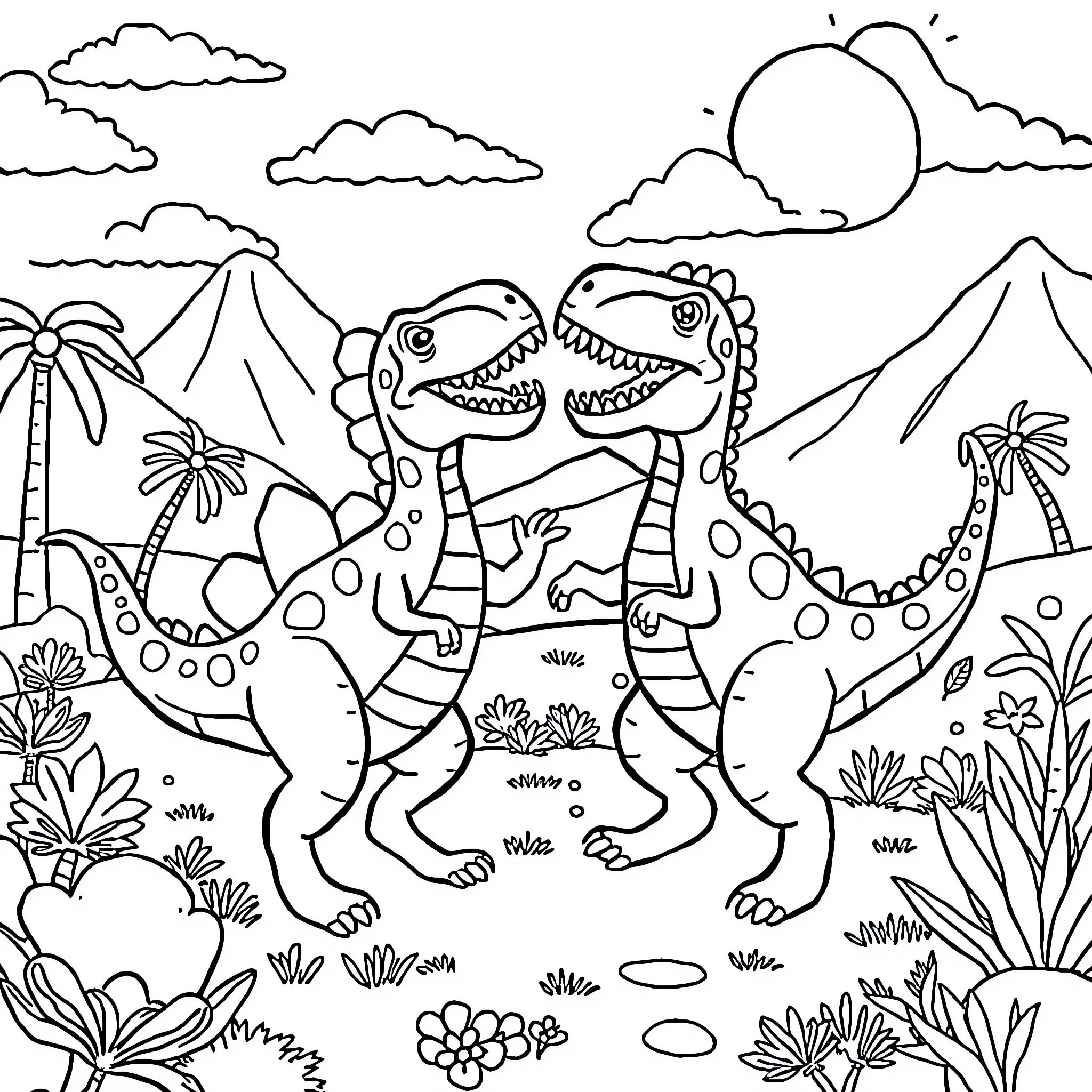 Dinosaurs playing in the prehistoric landscape Coloring Page (free black-and-white line drawing printable PDF for all, from beginners to advanced learners, including children, teens, adults, and seniors)