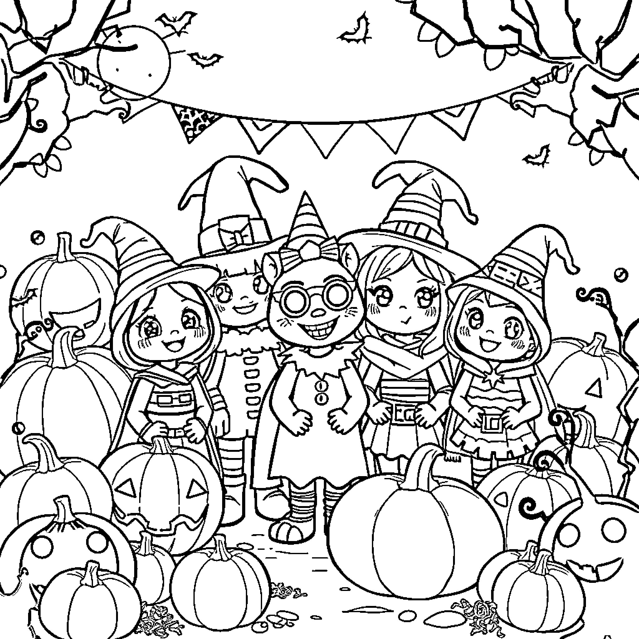 Skzoo characters celebrating Halloween party Coloring Page (free black-and-white line drawing printable PDF for all, from beginners to advanced learners, including children, teens, adults, and seniors)