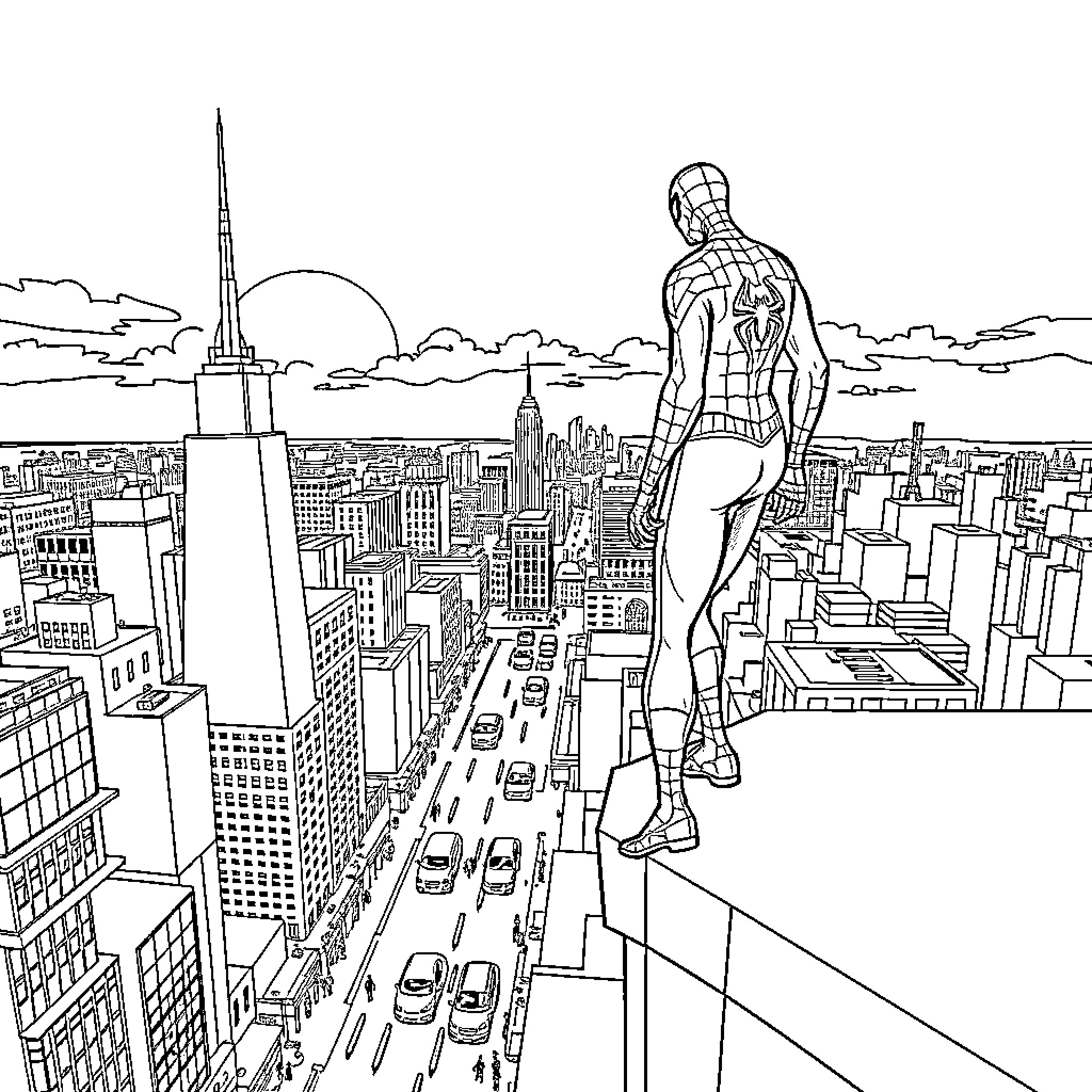 Spiderman standing on a skyscraper overlooking the city Coloring Page (free black-and-white line drawing printable PDF for all, from beginners to advanced learners, including children, teens, adults, and seniors)
