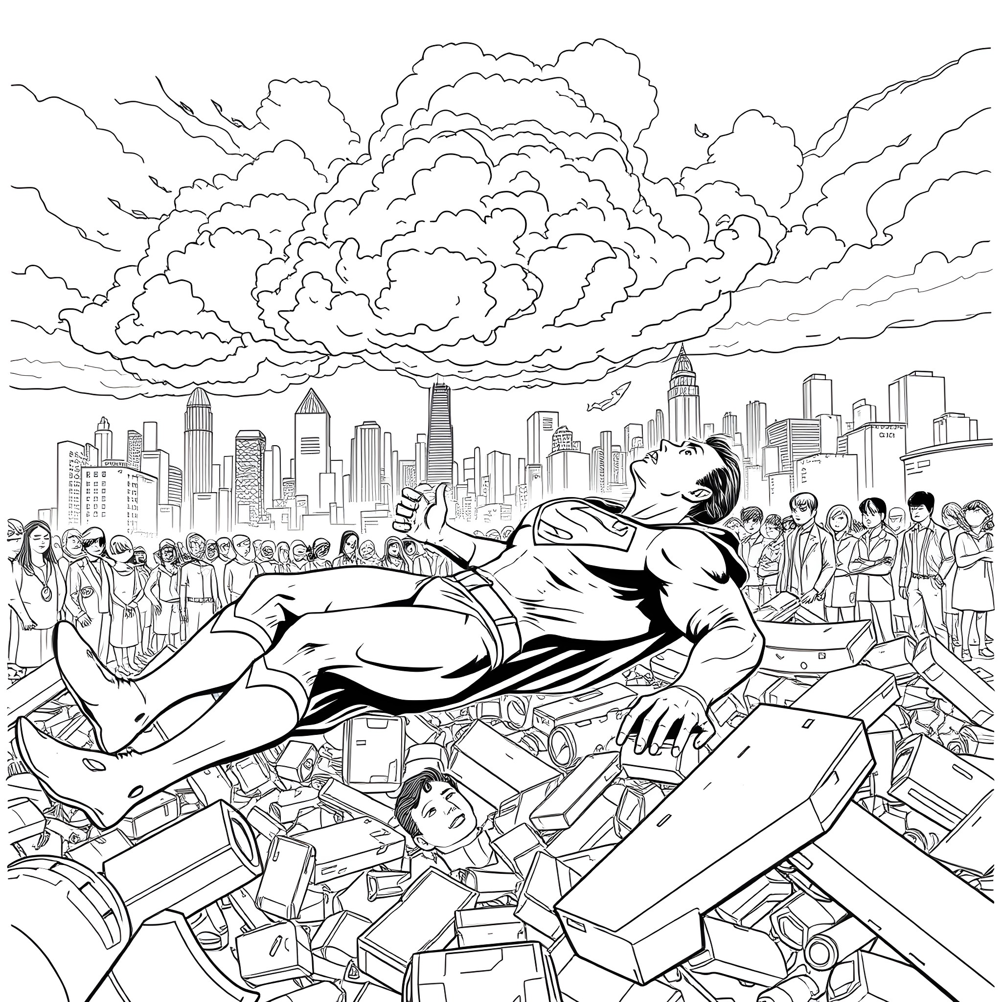 Superman heroically saving city from destruction Coloring Page (free black-and-white line drawing printable PDF for all, from beginners to advanced learners, including children, teens, adults, and seniors)