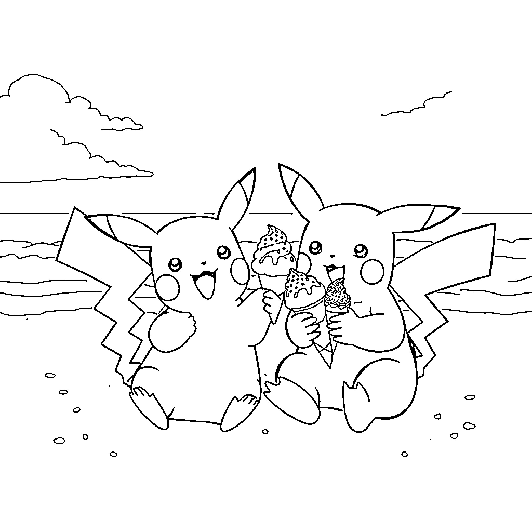 Pikachu enjoying a beach day with friends Coloring Page (free black-and-white line drawing printable PDF for all, from beginners to advanced learners, including children, teens, adults, and seniors)