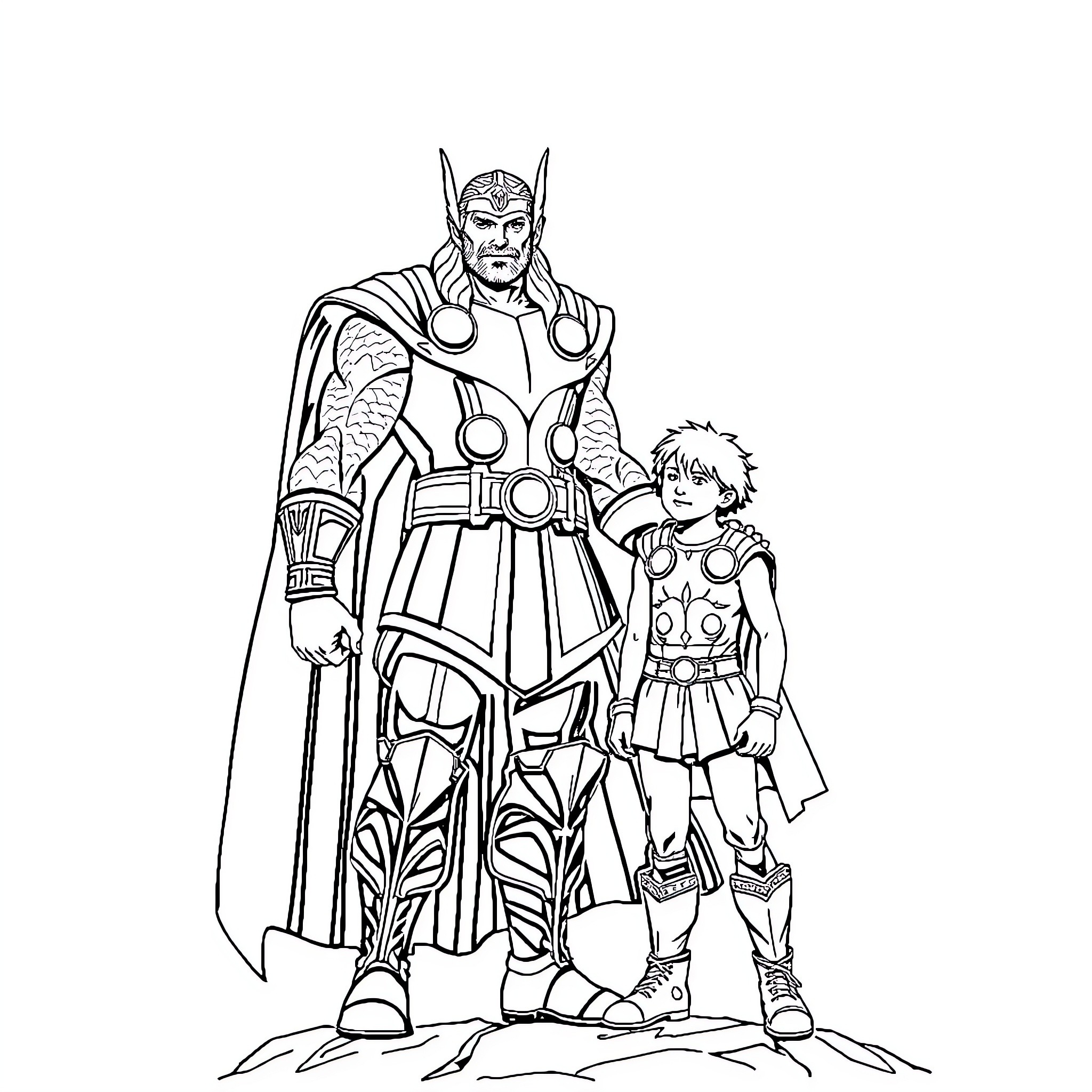 Thor and Young Hero in Heroic Pose Coloring Page (free black-and-white line drawing printable PDF for all, from beginners to advanced learners, including children, teens, adults, and seniors)