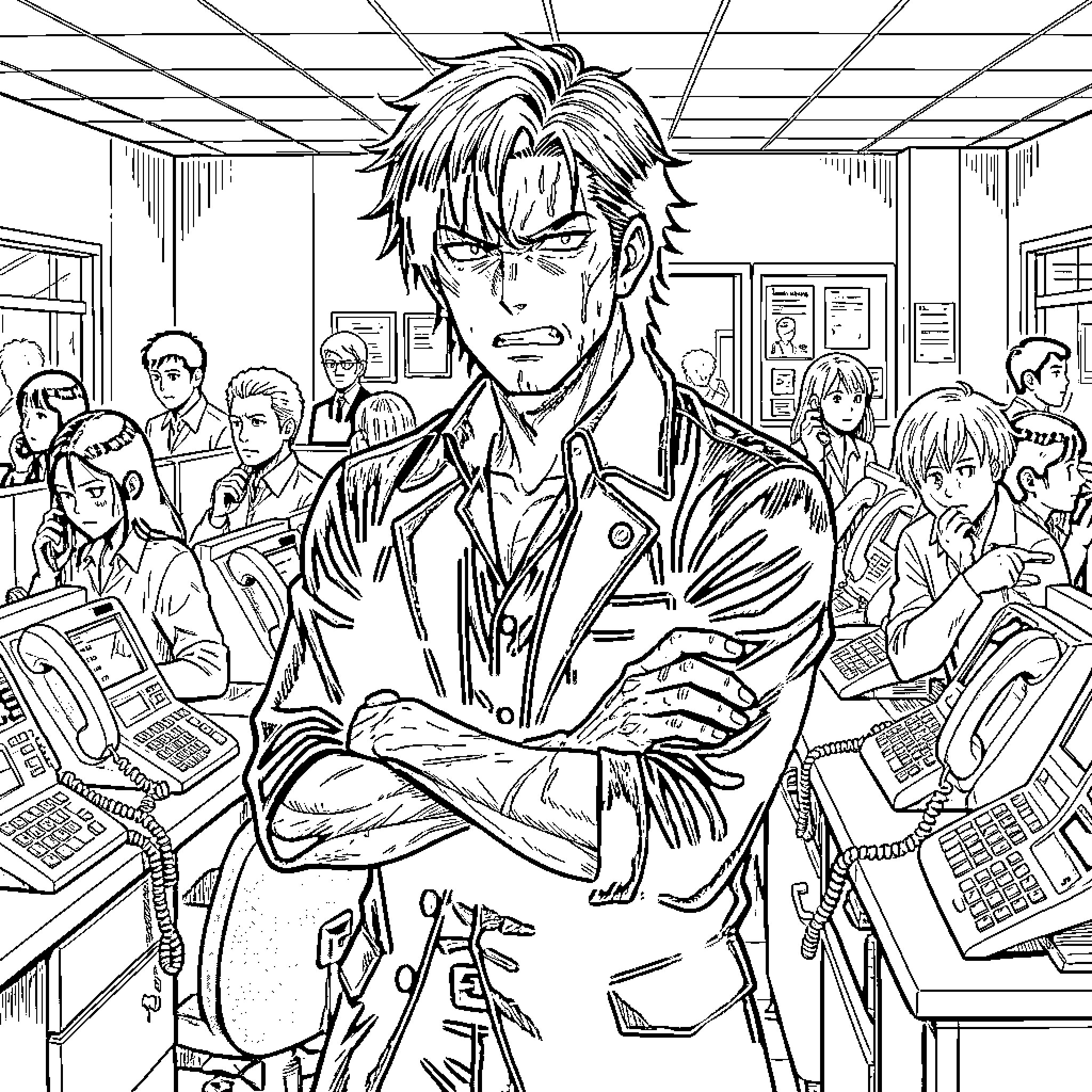 Guts in a tense office environment Coloring Page (free black-and-white line drawing printable PDF for all, from beginners to advanced learners, including children, teens, adults, and seniors)