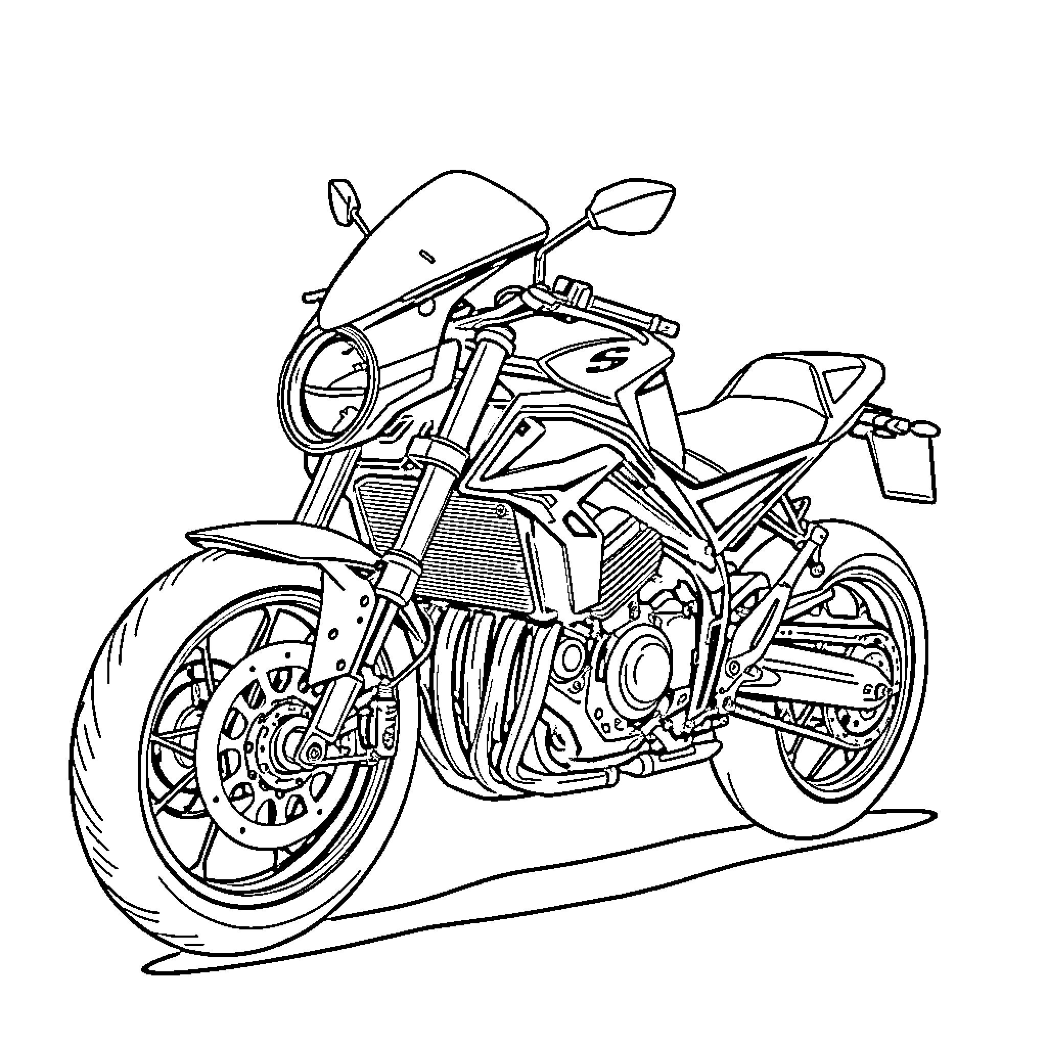 Moto Speedy Ride with Sporty Design Coloring Page (free black-and-white line drawing printable PDF for all, from beginners to advanced learners, including children, teens, adults, and seniors)