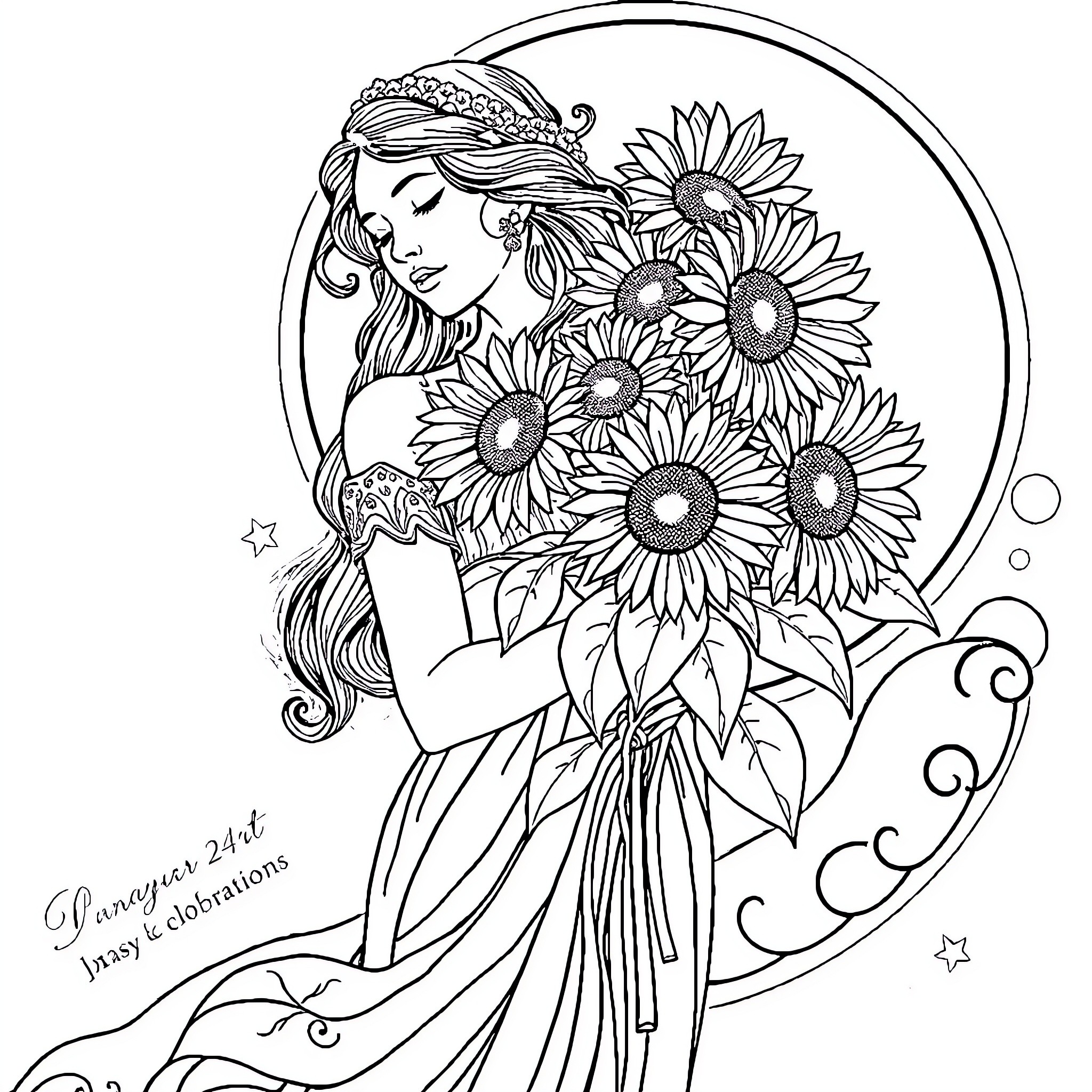 Lady surrounded by sunflowers in a serene pose Coloring Page (free black-and-white line drawing printable PDF for all, from beginners to advanced learners, including children, teens, adults, and seniors)