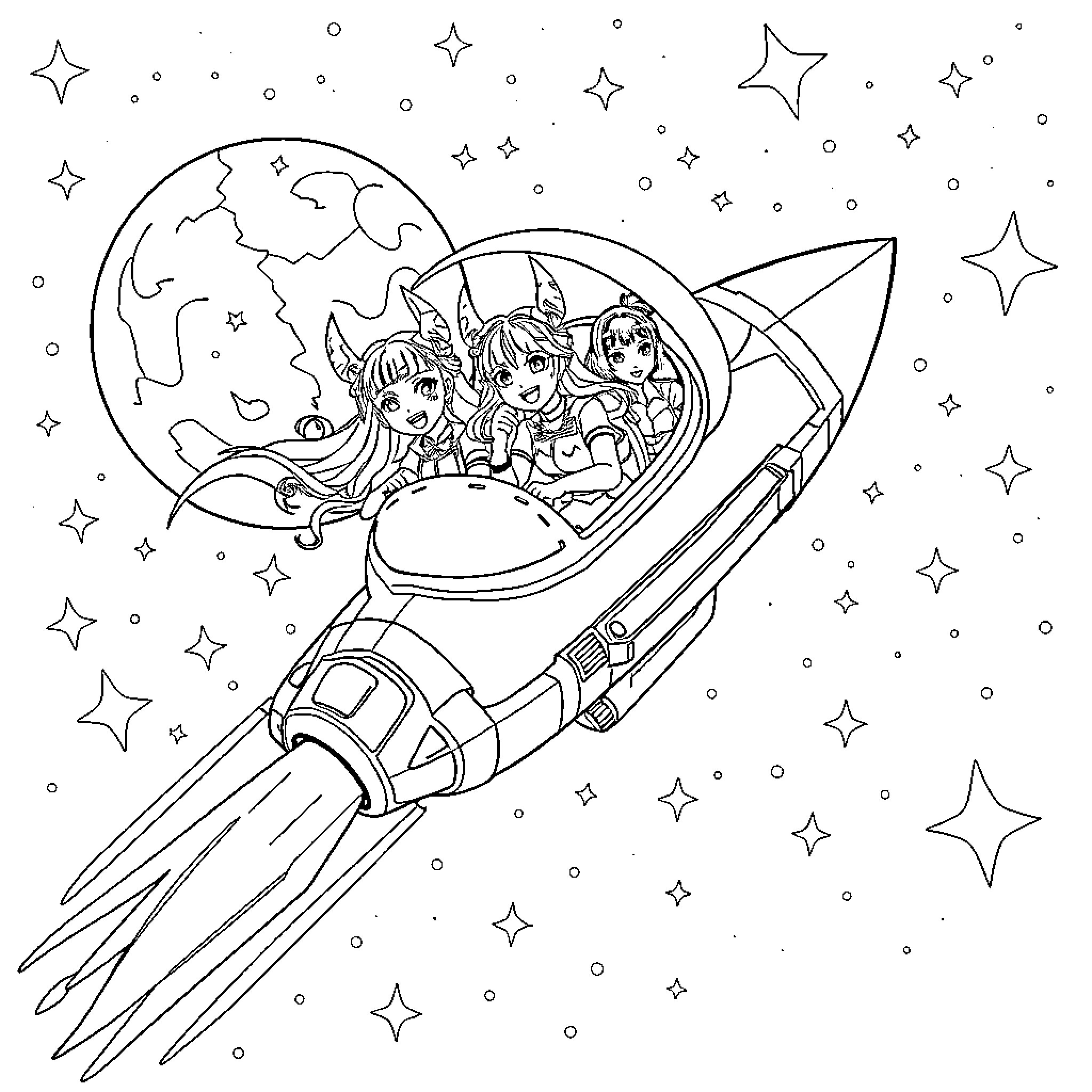 K-POP Demon Hunters Soar through the Cosmic Skies Coloring Page (free black-and-white line drawing printable PDF for all, from beginners to advanced learners, including children, teens, adults, and seniors)