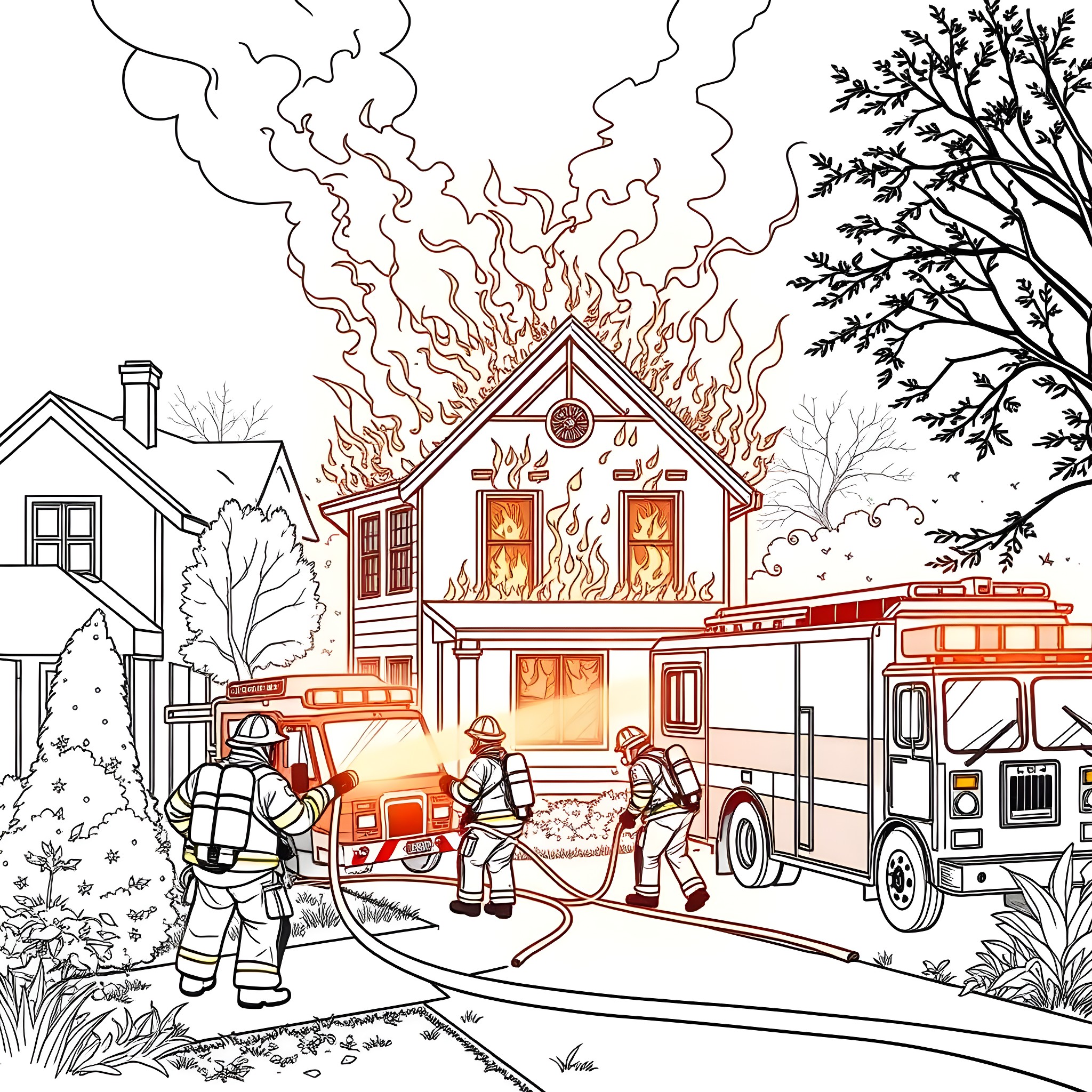 Firefighters battling blaze at residential home Coloring Page (free black-and-white line drawing printable PDF for all, from beginners to advanced learners, including children, teens, adults, and seniors)