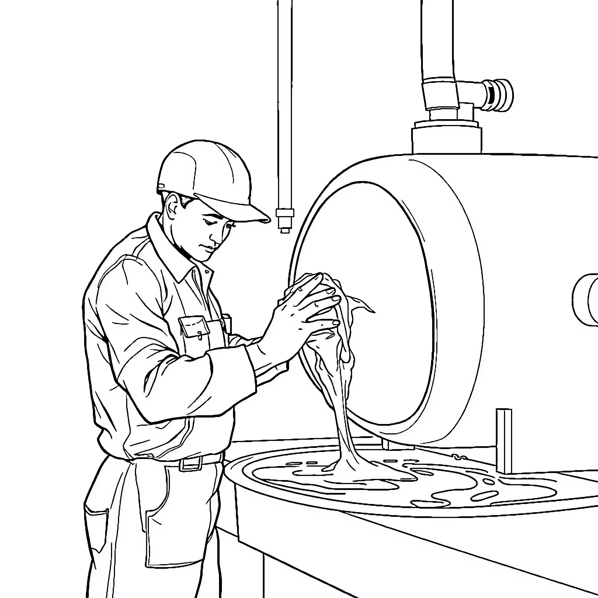 Worker Inspecting Industrial Equipment at Facility Coloring Page (free black-and-white line drawing printable PDF for all, from beginners to advanced learners, including children, teens, adults, and seniors)