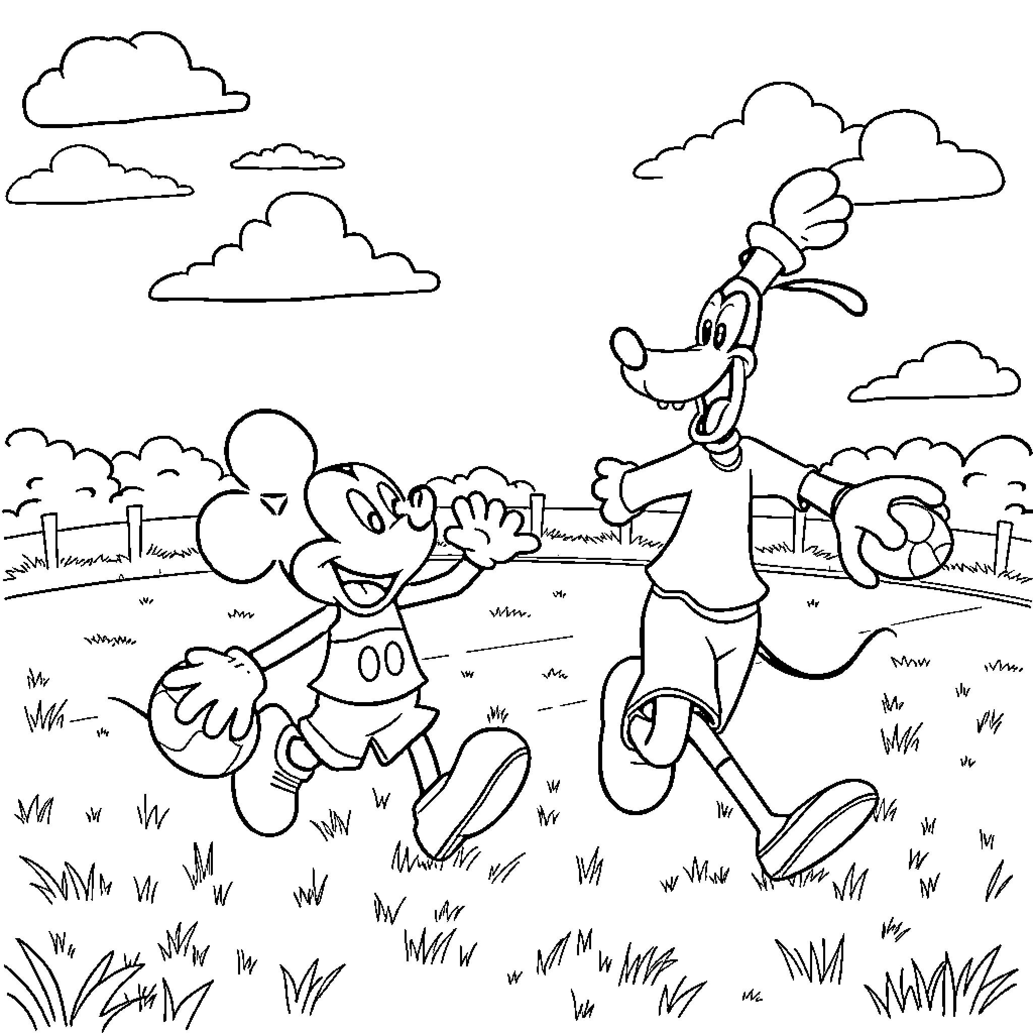 Mickey and Friends Running Playfully in Meadow Coloring Page (free black-and-white line drawing printable PDF for all, from beginners to advanced learners, including children, teens, adults, and seniors)