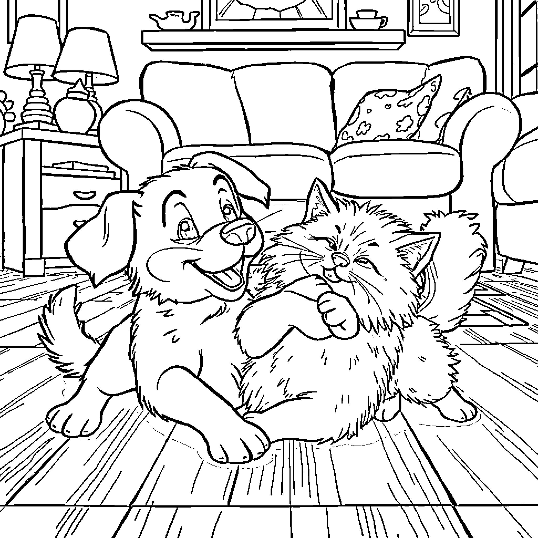 Dog and Cat Playing Together Indoors Coloring Page (free black-and-white line drawing printable PDF for all, from beginners to advanced learners, including children, teens, adults, and seniors)