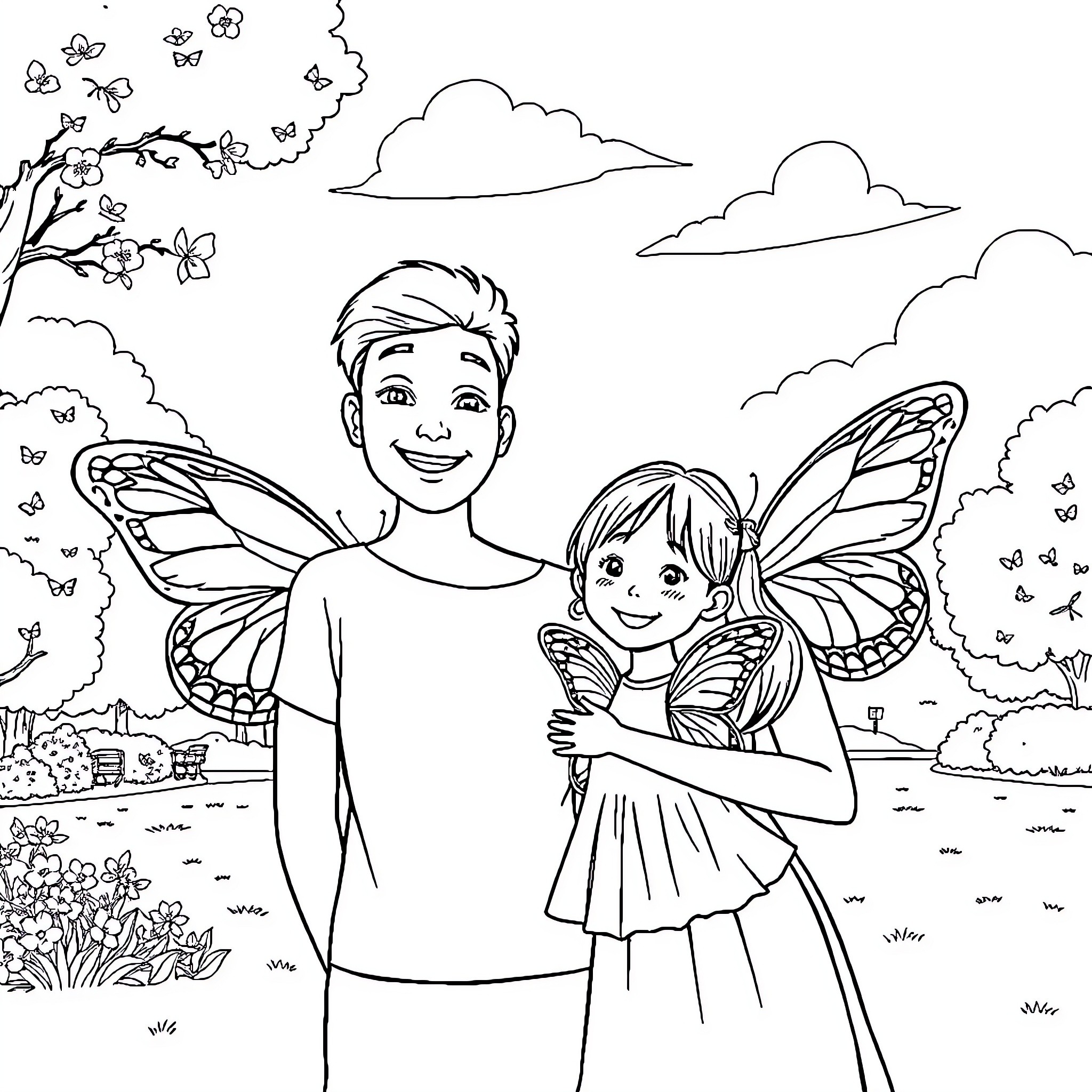 Family Enjoying Nature's Enchantment Coloring Page (free black-and-white line drawing printable PDF for all, from beginners to advanced learners, including children, teens, adults, and seniors)