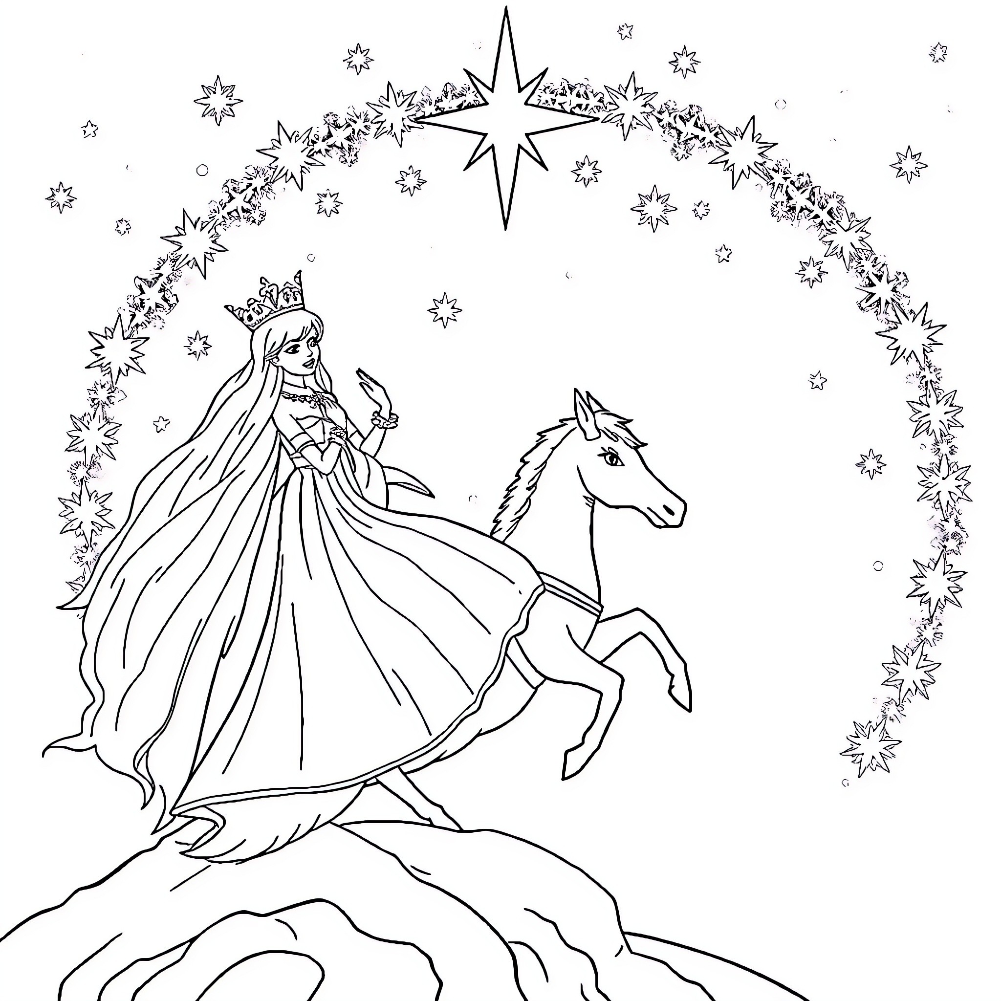 Queen on a majestic horse under the starry night sky Coloring Page (free black-and-white line drawing printable PDF for all, from beginners to advanced learners, including children, teens, adults, and seniors)