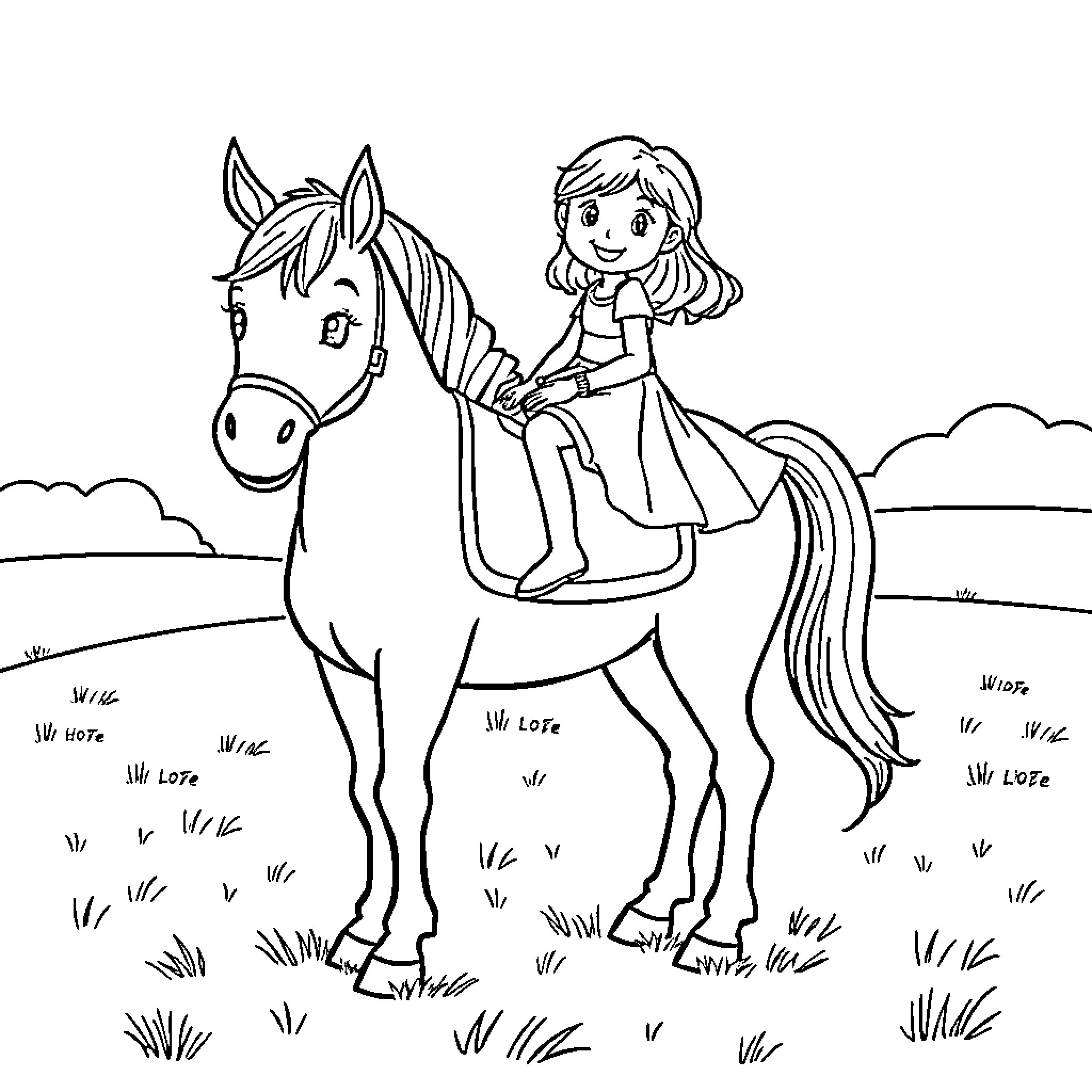 Horse and girl enjoying a countryside ride Coloring Page (free black-and-white line drawing printable PDF for all, from beginners to advanced learners, including children, teens, adults, and seniors)
