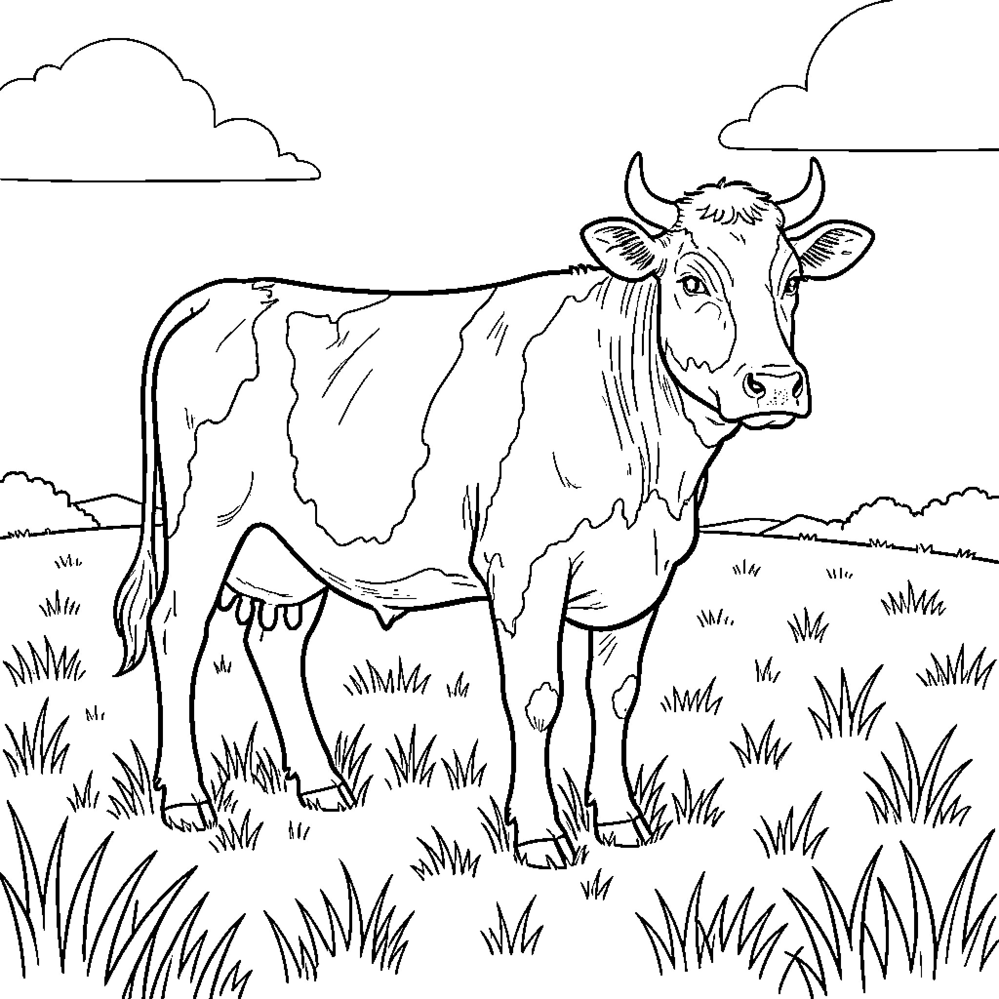 Cow standing in a grassy field Coloring Page (free black-and-white line drawing printable PDF for all, from beginners to advanced learners, including children, teens, adults, and seniors)