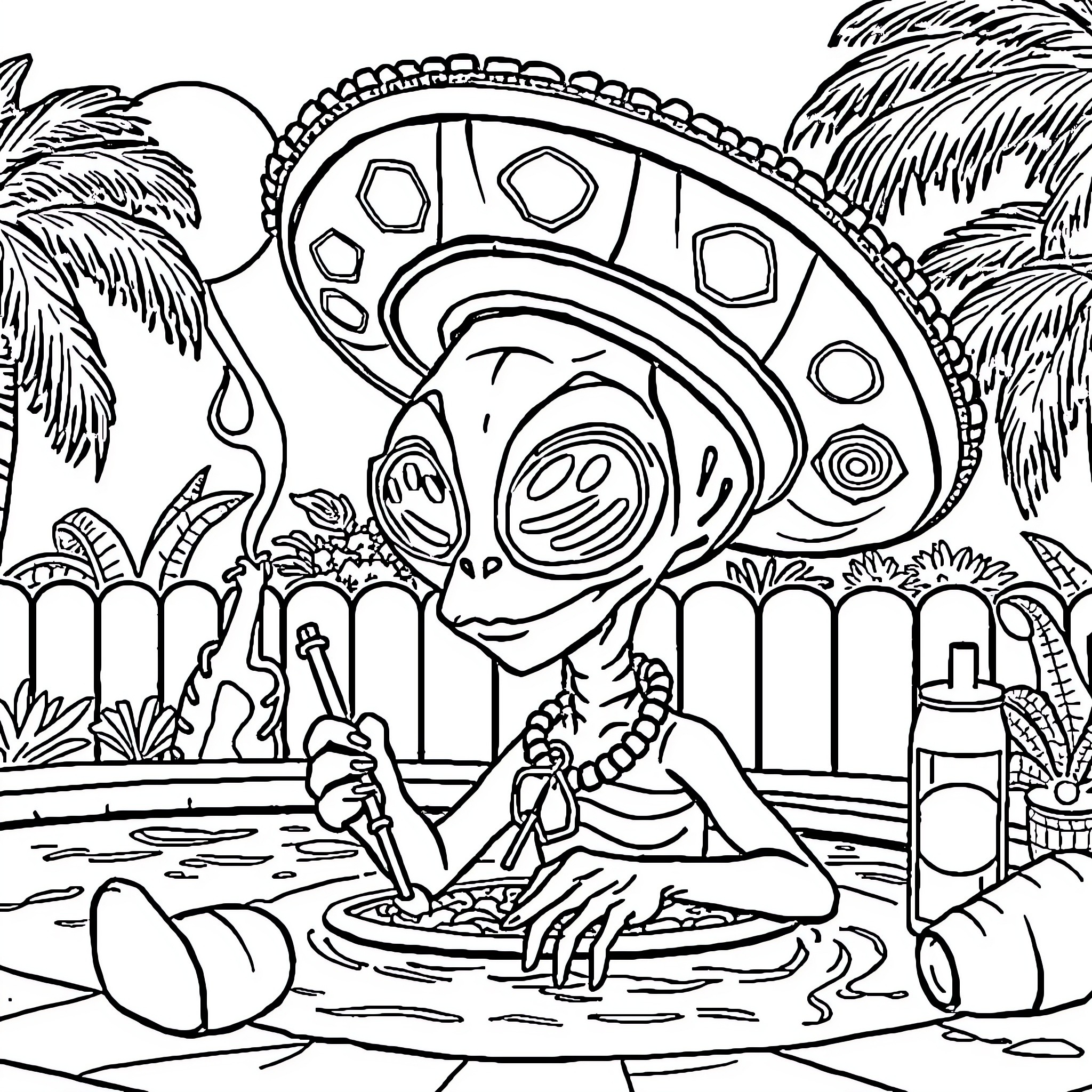 Alien relaxing in a tropical paradise Coloring Page (free black-and-white line drawing printable PDF for all, from beginners to advanced learners, including children, teens, adults, and seniors)