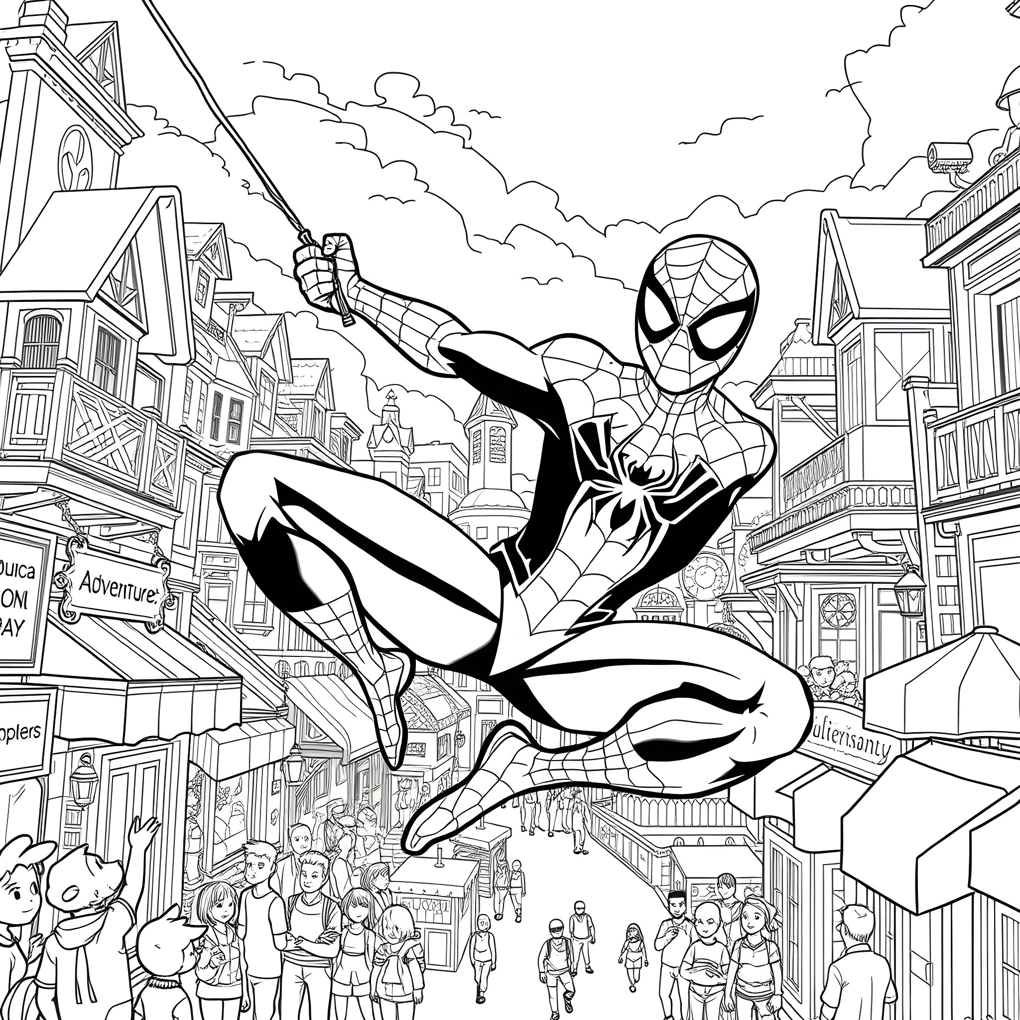 Spiderman swinging through the city streets Coloring Page (free black-and-white line drawing printable PDF for all, from beginners to advanced learners, including children, teens, adults, and seniors)