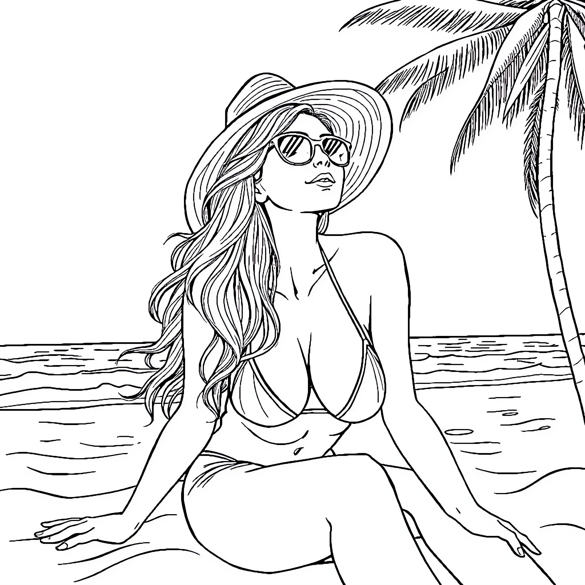 Asian Woman Relaxing on Beach in Sunglasses and Hat Coloring Page (free black-and-white line drawing printable PDF for all, from beginners to advanced learners, including children, teens, adults, and seniors)