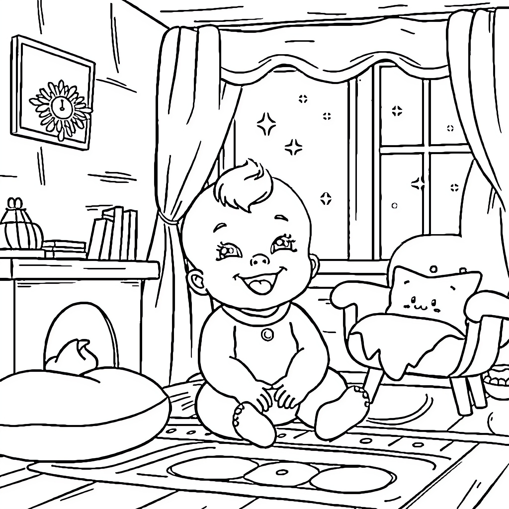 Bebe exploring the cozy room with toys Coloring Page (free black-and-white line drawing printable PDF for all, from beginners to advanced learners, including children, teens, adults, and seniors)