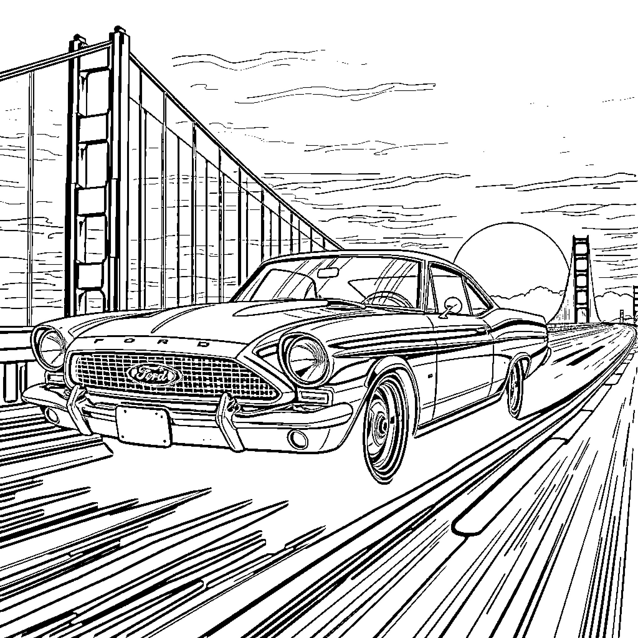Ford Vintage Muscle Car Crossing Golden Gate Bridge Coloring Page (free black-and-white line drawing printable PDF for all, from beginners to advanced learners, including children, teens, adults, and seniors)