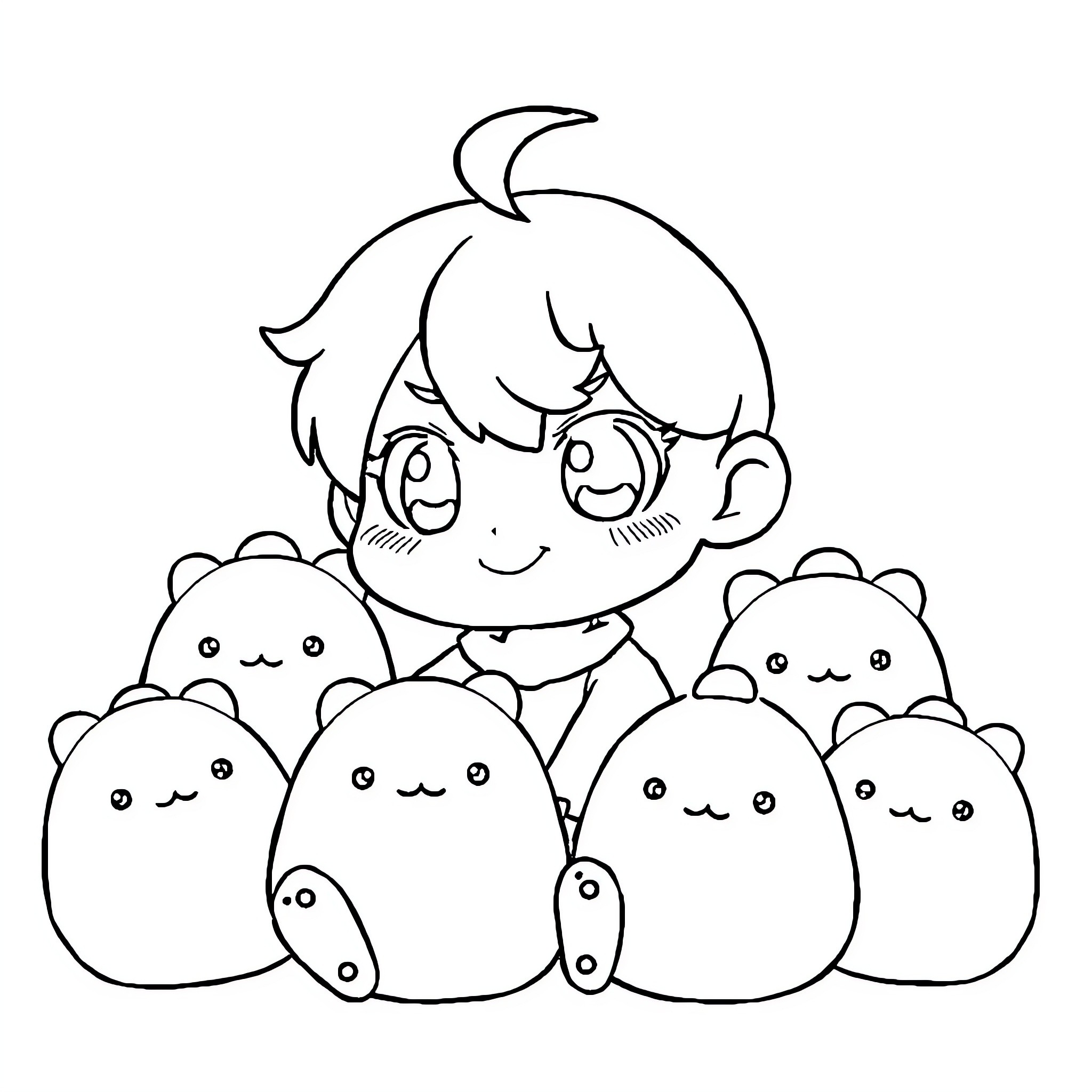 Kuromi playing with cute puff creatures Coloring Page (free black-and-white line drawing printable PDF for all, from beginners to advanced learners, including children, teens, adults, and seniors)