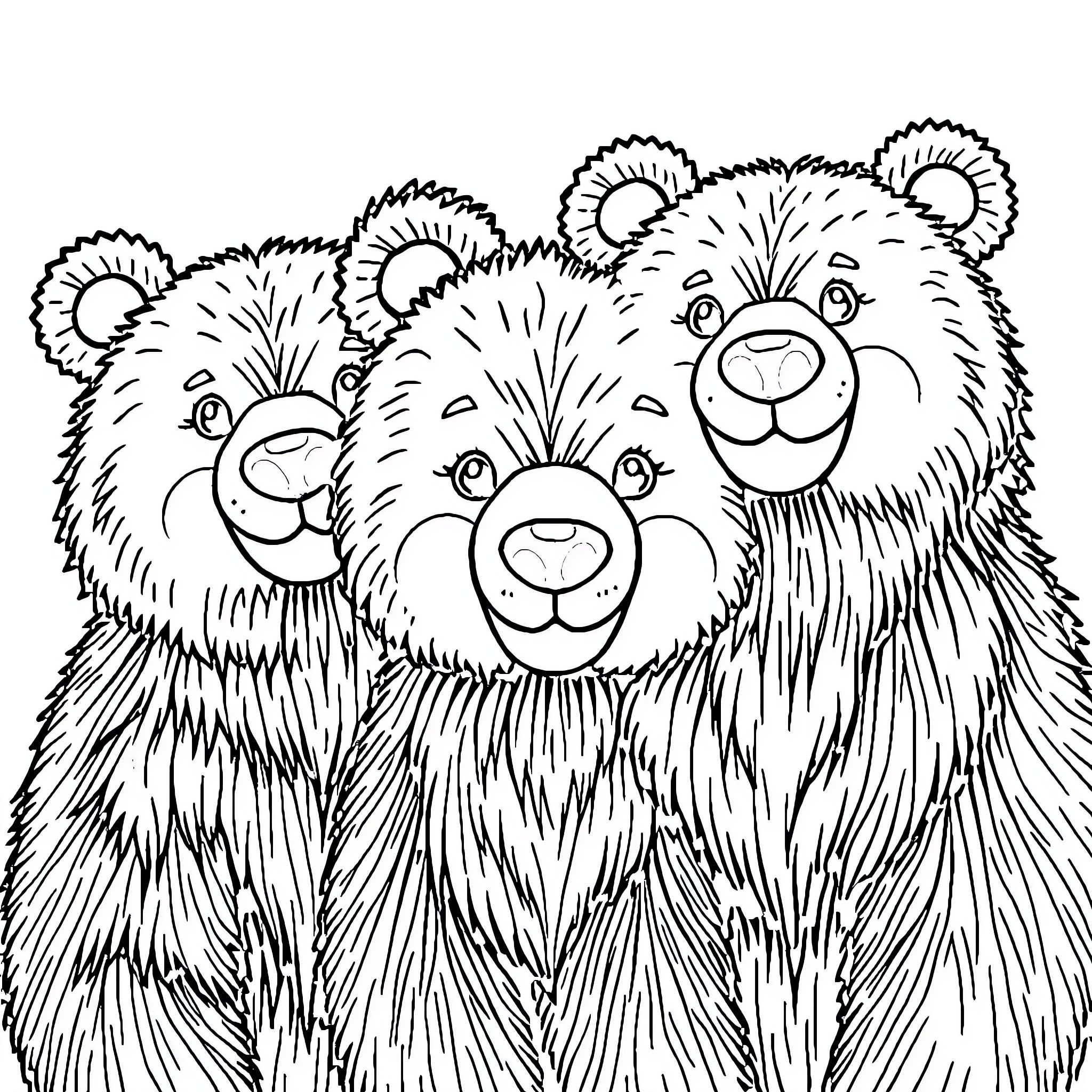 Bear family in a playful embrace Coloring Page (free black-and-white line drawing printable PDF for all, from beginners to advanced learners, including children, teens, adults, and seniors)