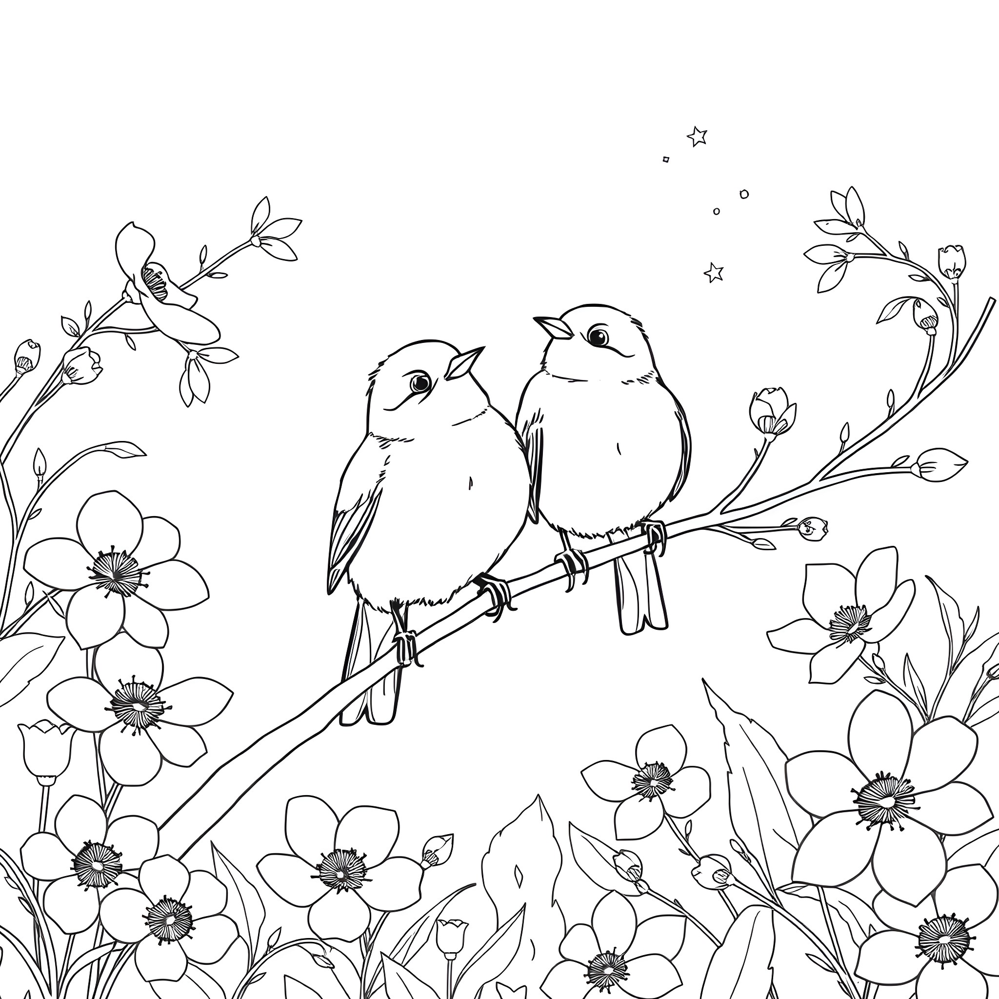 Tit-tering birds amidst blooming floral landscape Coloring Page (free black-and-white line drawing printable PDF for all, from beginners to advanced learners, including children, teens, adults, and seniors)