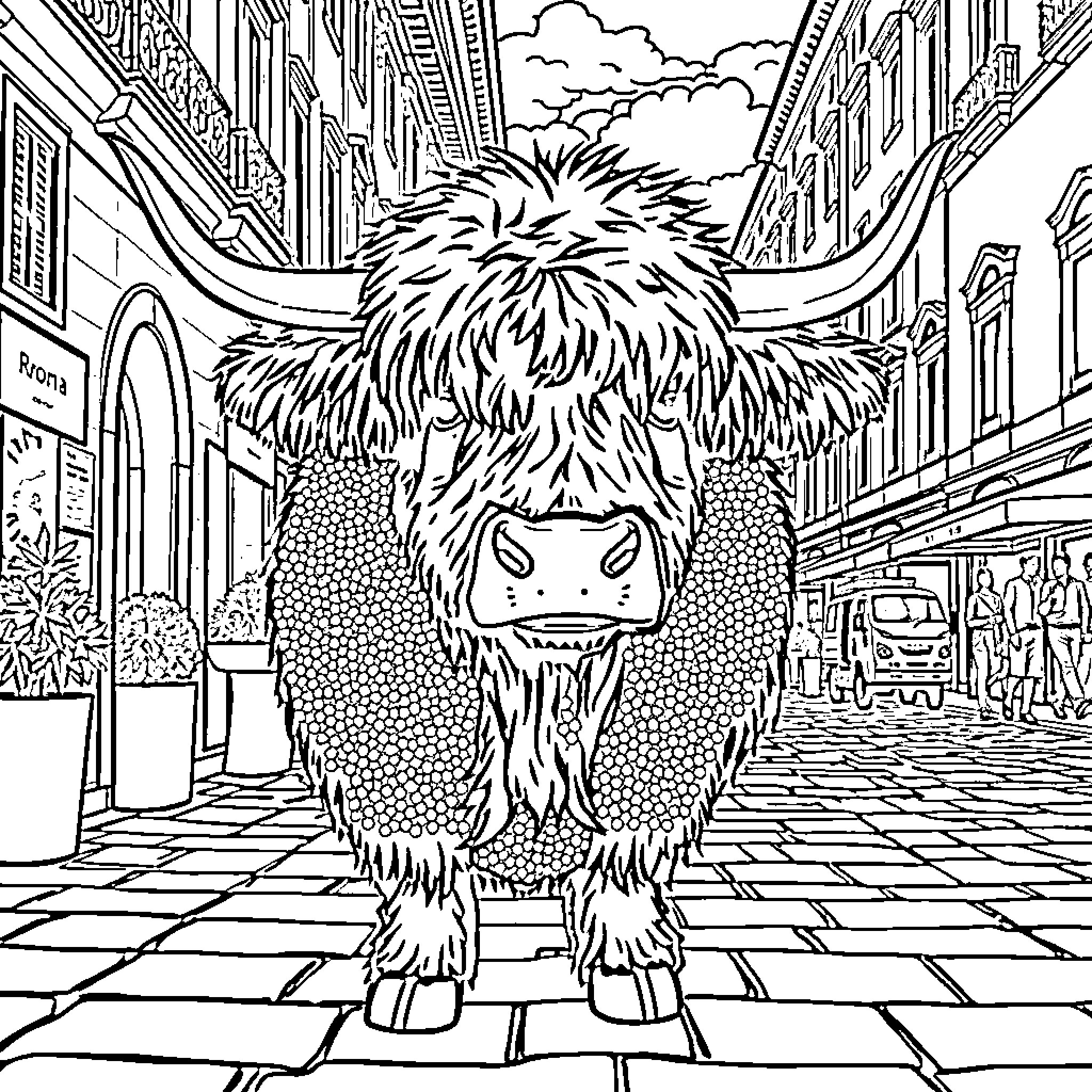 Highland Cow exploring bustling city street Coloring Page (free black-and-white line drawing printable PDF for all, from beginners to advanced learners, including children, teens, adults, and seniors)