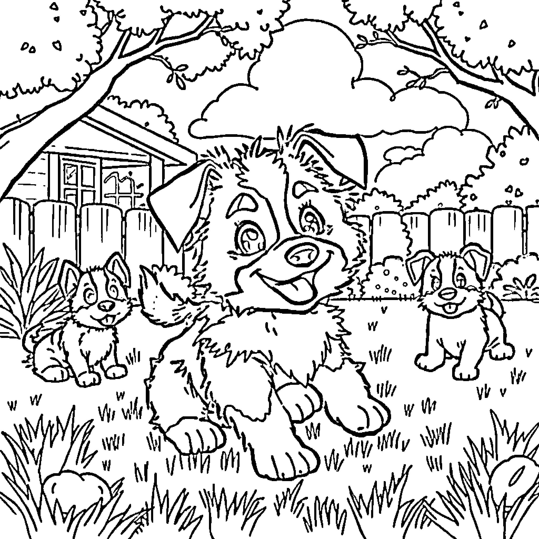 Bluey playing happily with friends in the backyard Coloring Page (free black-and-white line drawing printable PDF for all, from beginners to advanced learners, including children, teens, adults, and seniors)