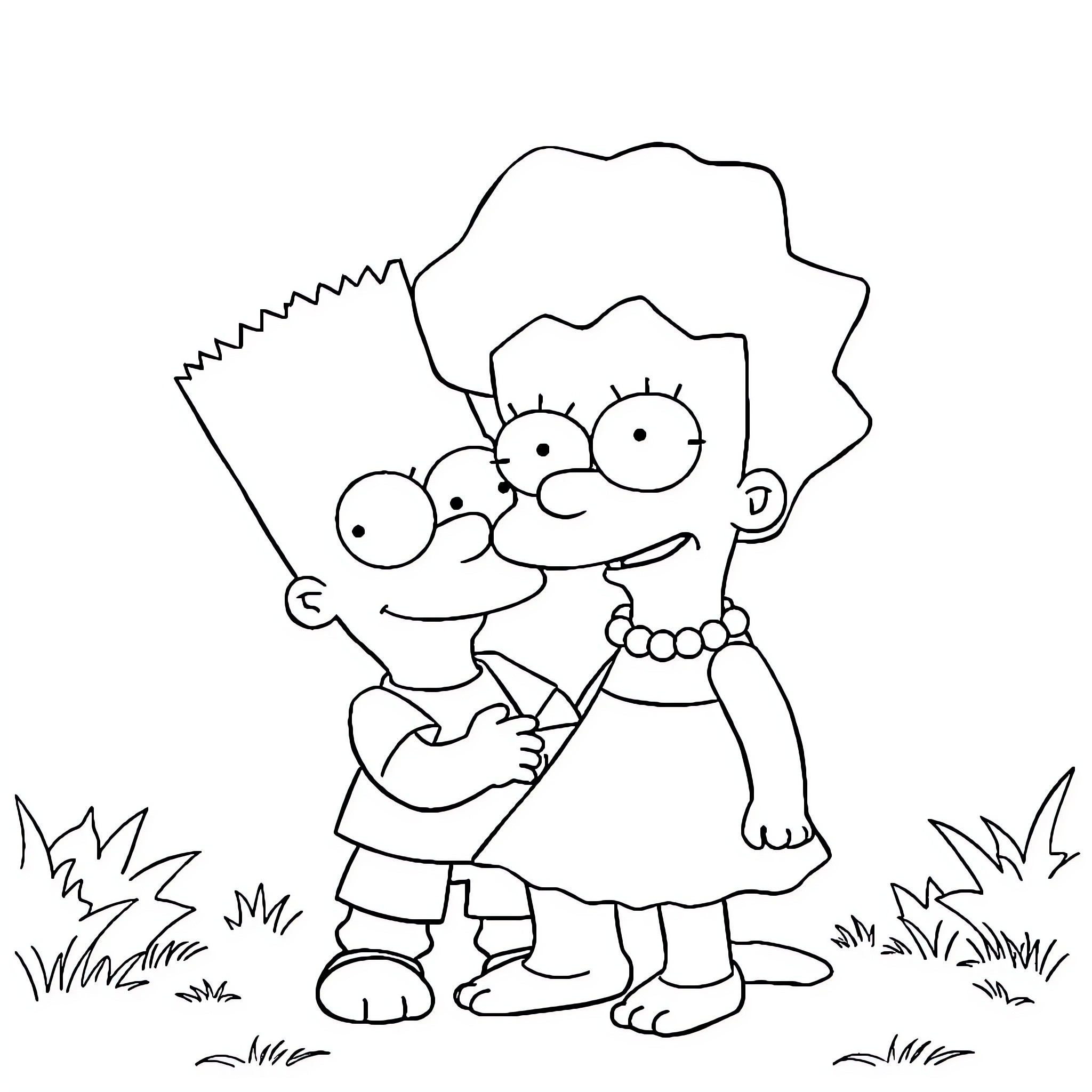 Bart Simpson playing in the park with Marge Coloring Page (free black-and-white line drawing printable PDF for all, from beginners to advanced learners, including children, teens, adults, and seniors)
