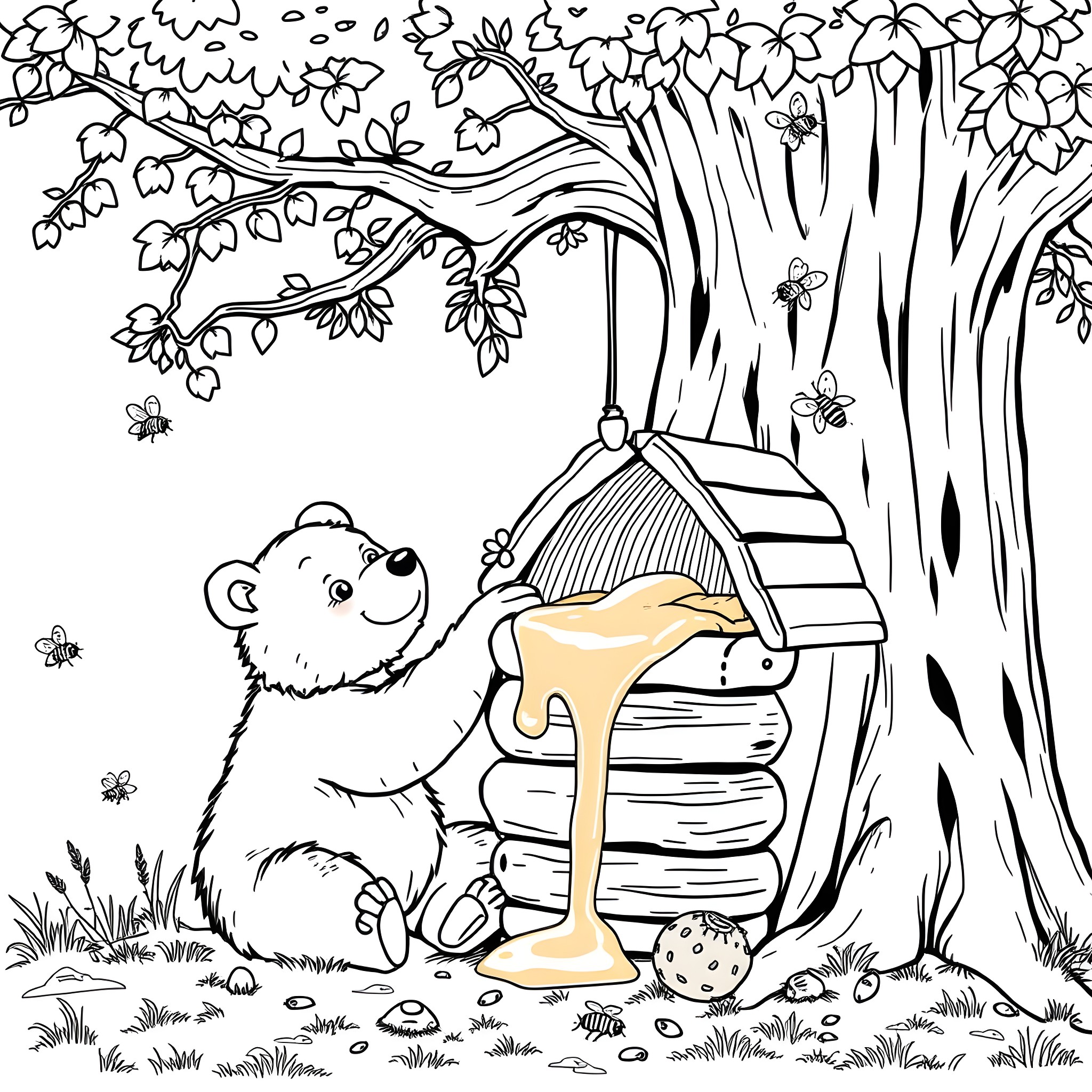 Bear enjoying honey from beehive in forest Coloring Page (free black-and-white line drawing printable PDF for all, from beginners to advanced learners, including children, teens, adults, and seniors)