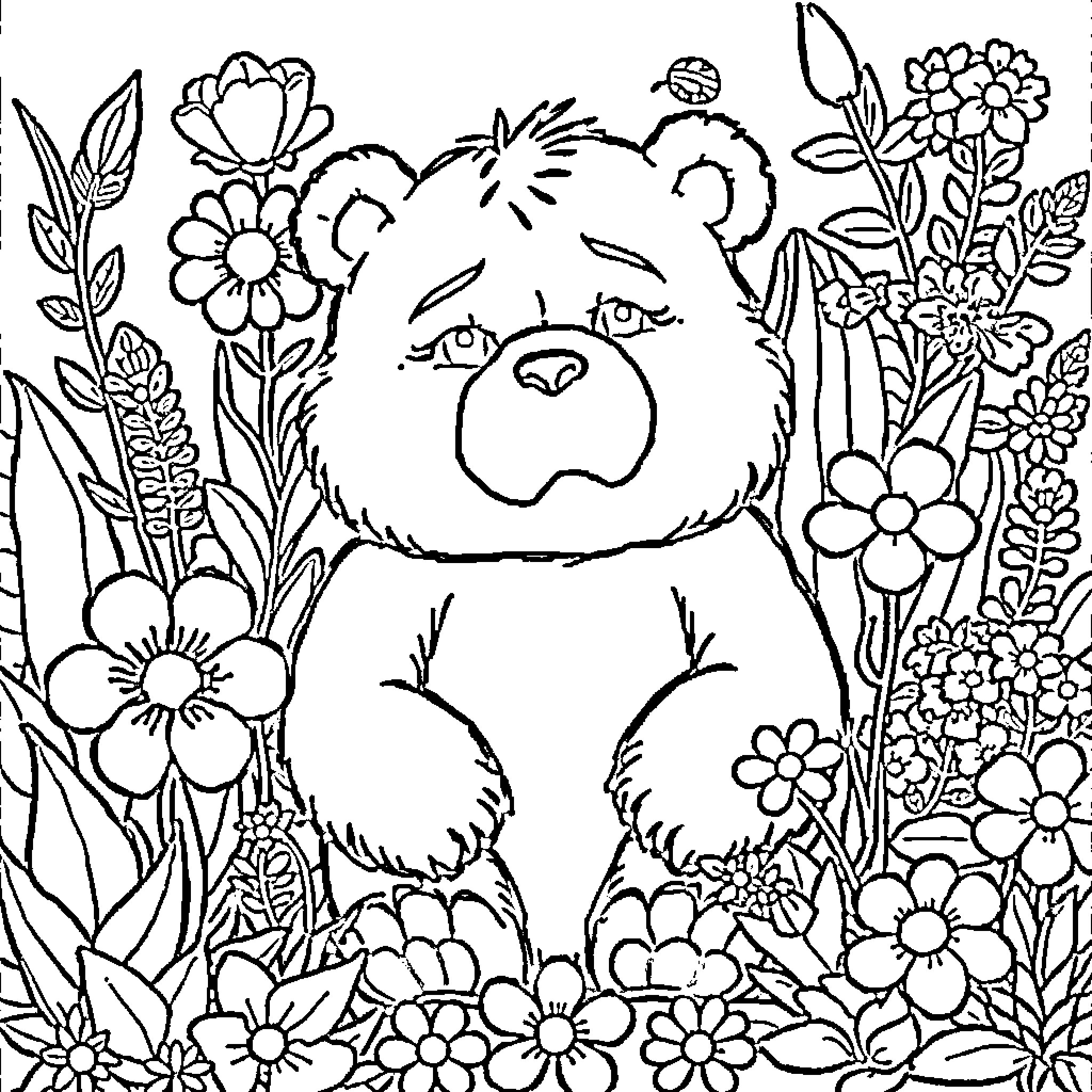 Carebear surrounded by vibrant flowers Coloring Page (free black-and-white line drawing printable PDF for all, from beginners to advanced learners, including children, teens, adults, and seniors)
