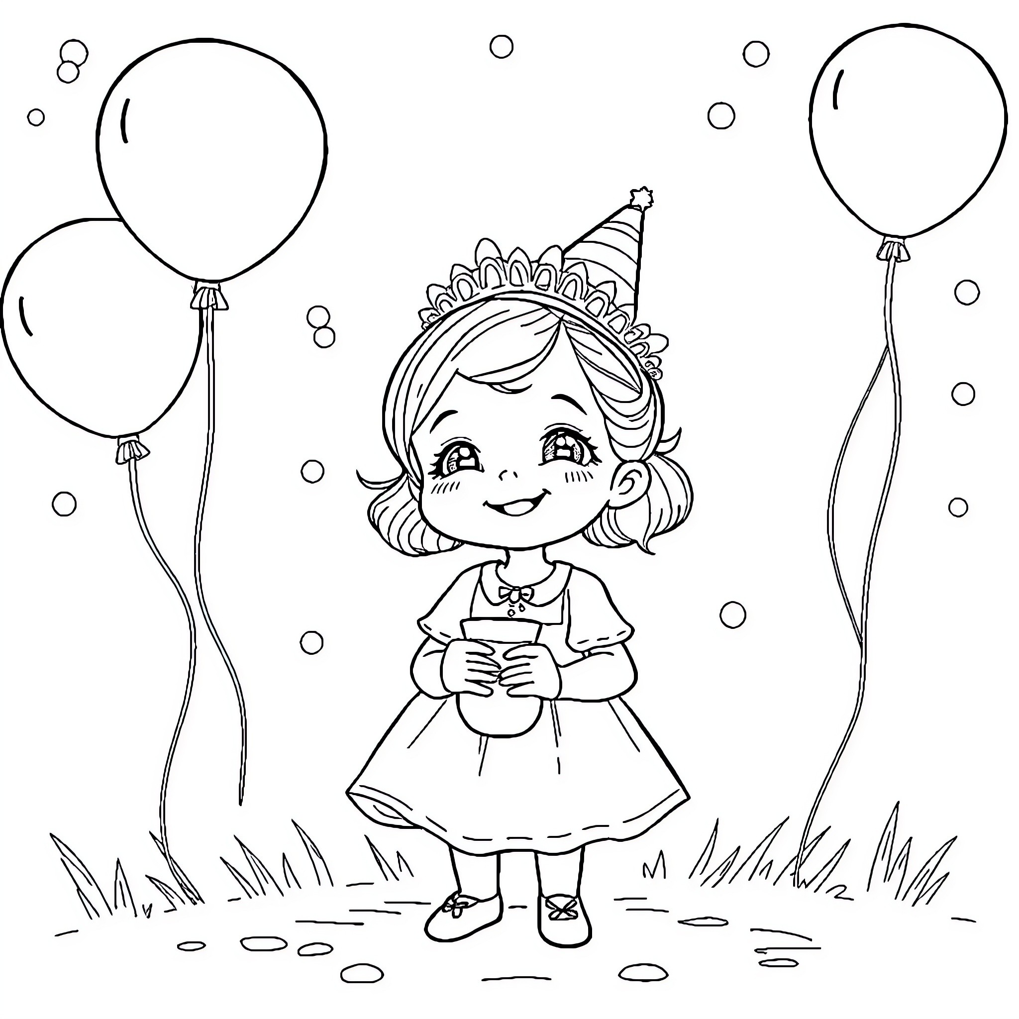 Girl celebrating with balloons on a grassy field Coloring Page (free black-and-white line drawing printable PDF for all, from beginners to advanced learners, including children, teens, adults, and seniors)