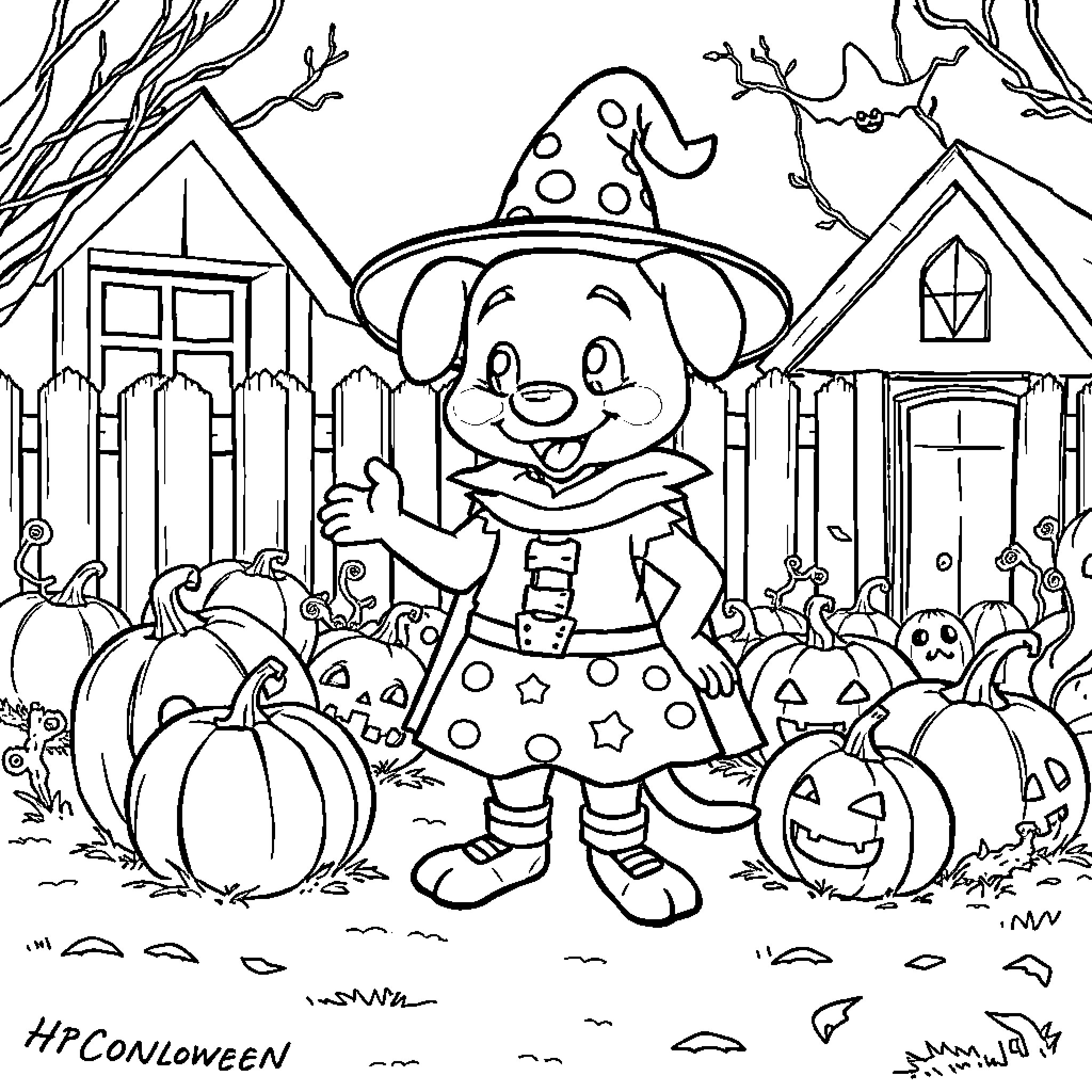 Bluey Celebrates a Spooktacular Halloween Coloring Page (free black-and-white line drawing printable PDF for all, from beginners to advanced learners, including children, teens, adults, and seniors)