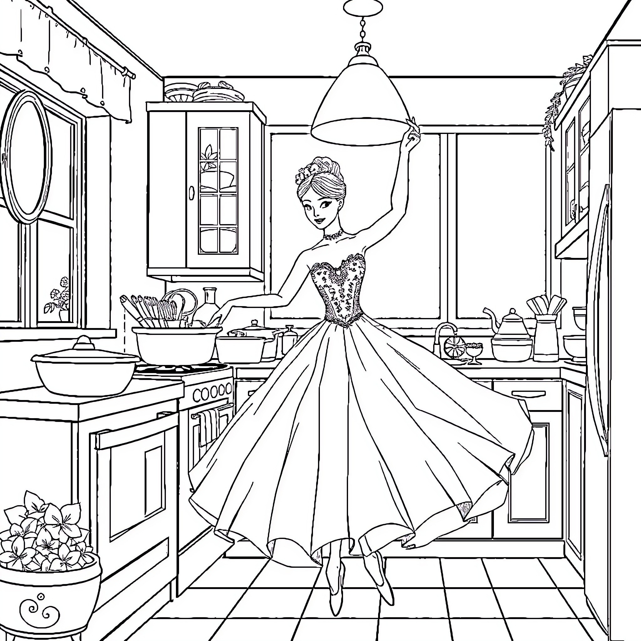 Ballerina Dancing in Elegant Kitchen Coloring Page (free black-and-white line drawing printable PDF for all, from beginners to advanced learners, including children, teens, adults, and seniors)
