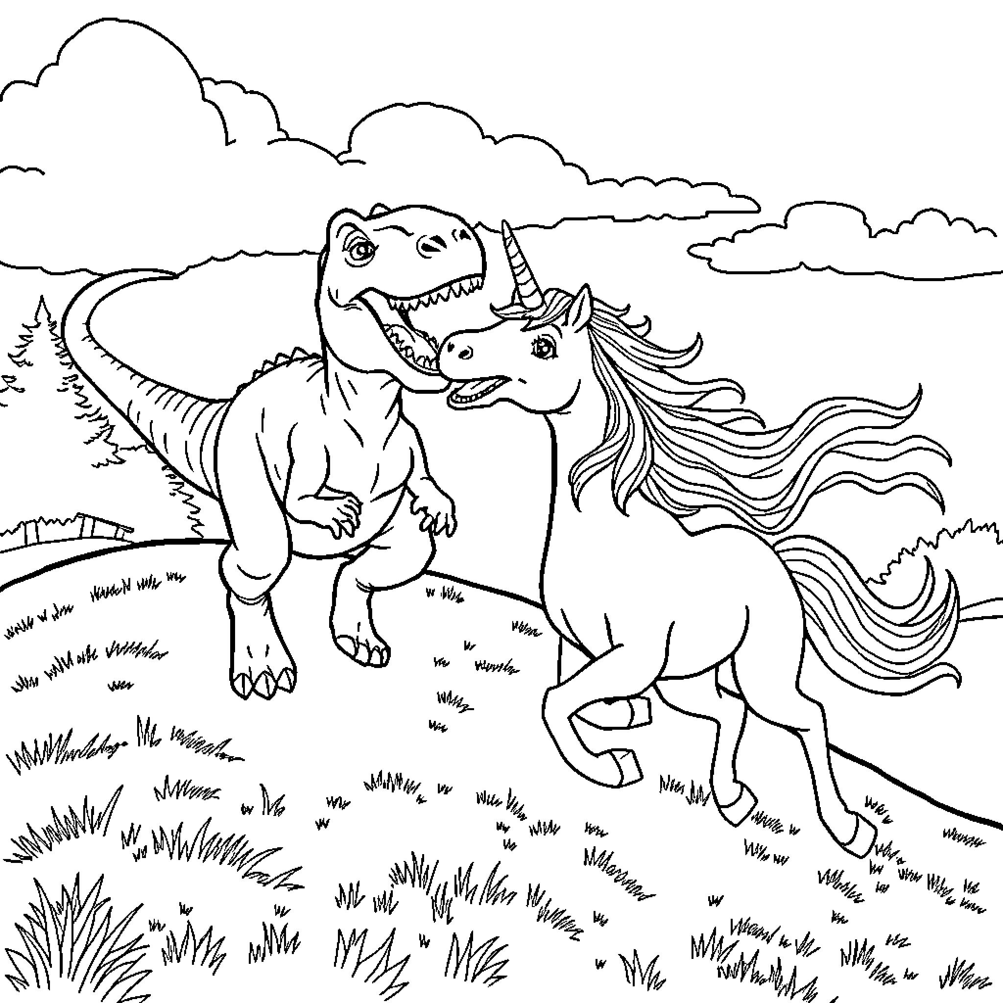 Dinosaur and Unicorn Exploring a Magical Landscape Coloring Page (free black-and-white line drawing printable PDF for all, from beginners to advanced learners, including children, teens, adults, and seniors)