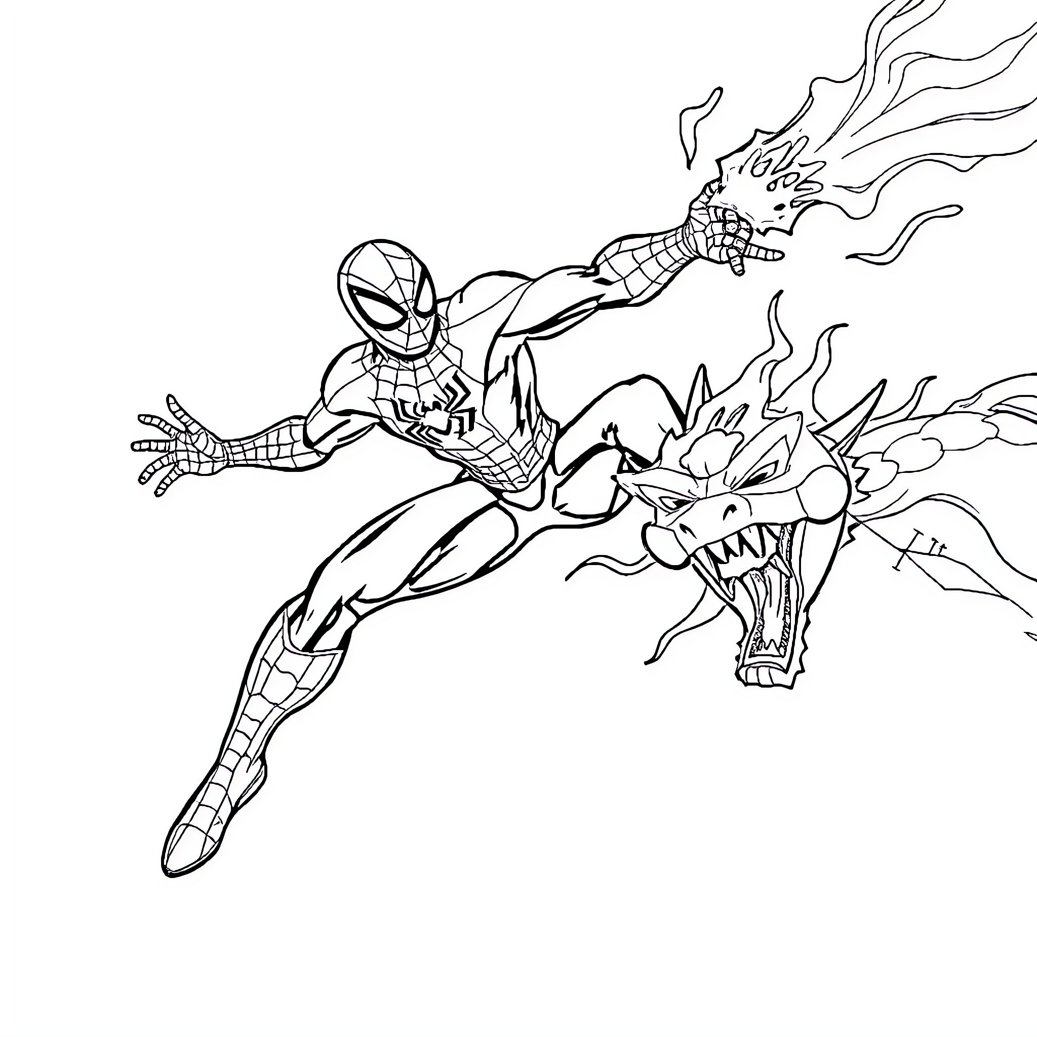 Spiderman battling a fierce monster Coloring Page (free black-and-white line drawing printable PDF for all, from beginners to advanced learners, including children, teens, adults, and seniors)