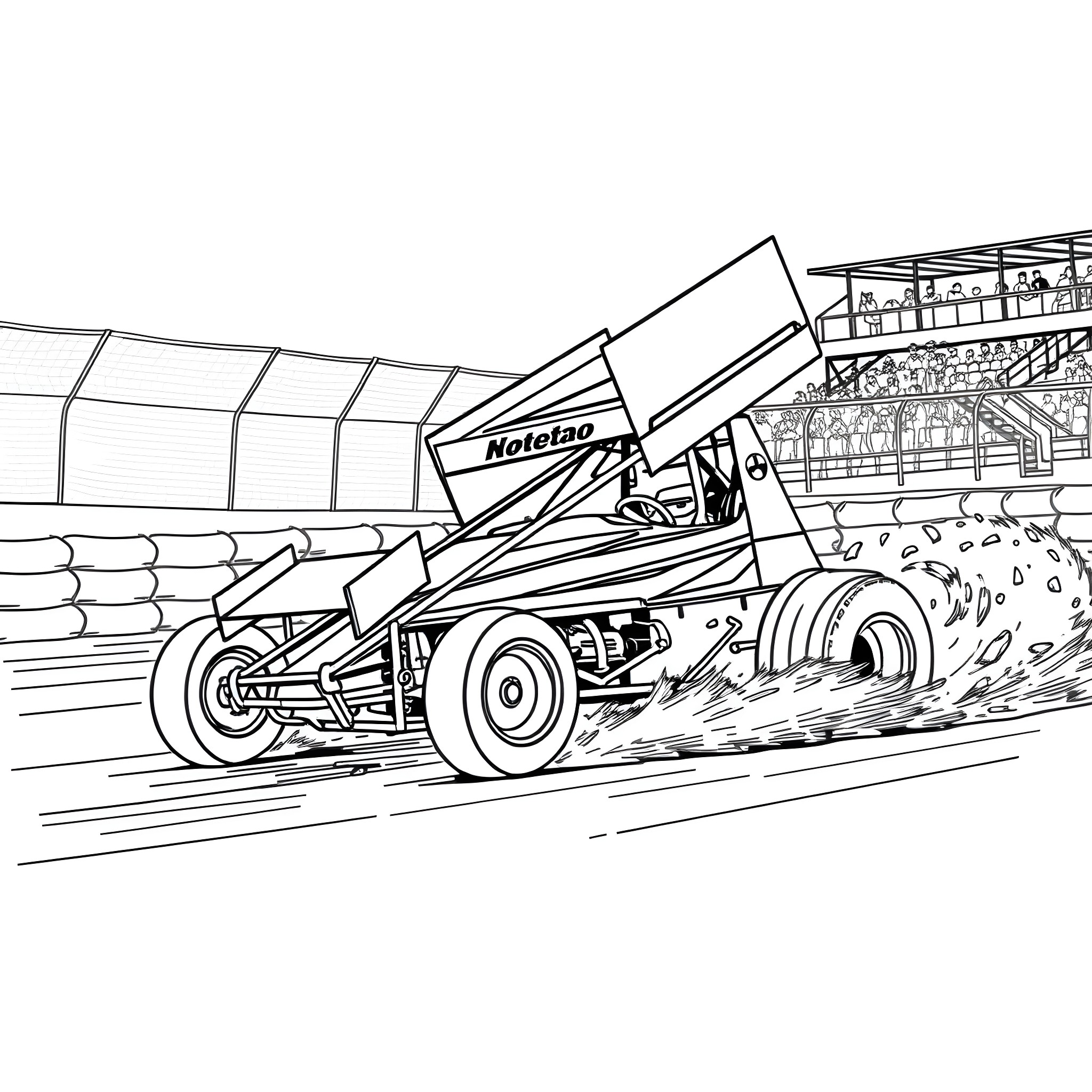 Sprint Car Racing Action in Stadium Coloring Page (free black-and-white line drawing printable PDF for all, from beginners to advanced learners, including children, teens, adults, and seniors)