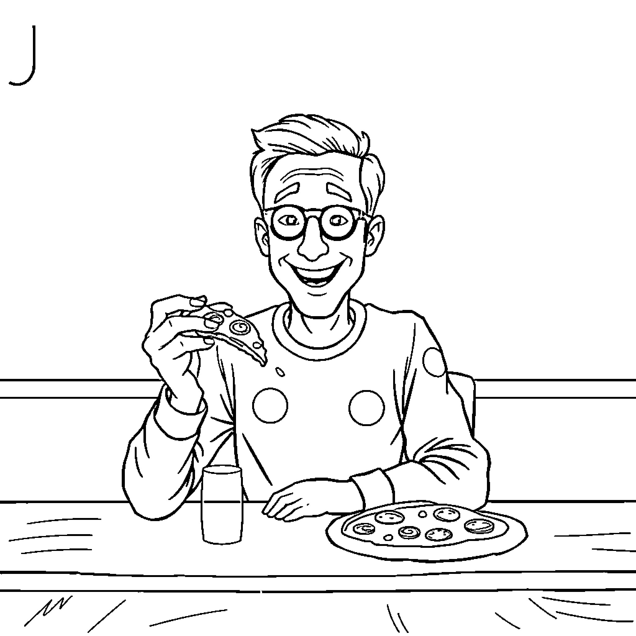 Sheldon Cooper enjoying video games and pizza Coloring Page (free black-and-white line drawing printable PDF for all, from beginners to advanced learners, including children, teens, adults, and seniors)