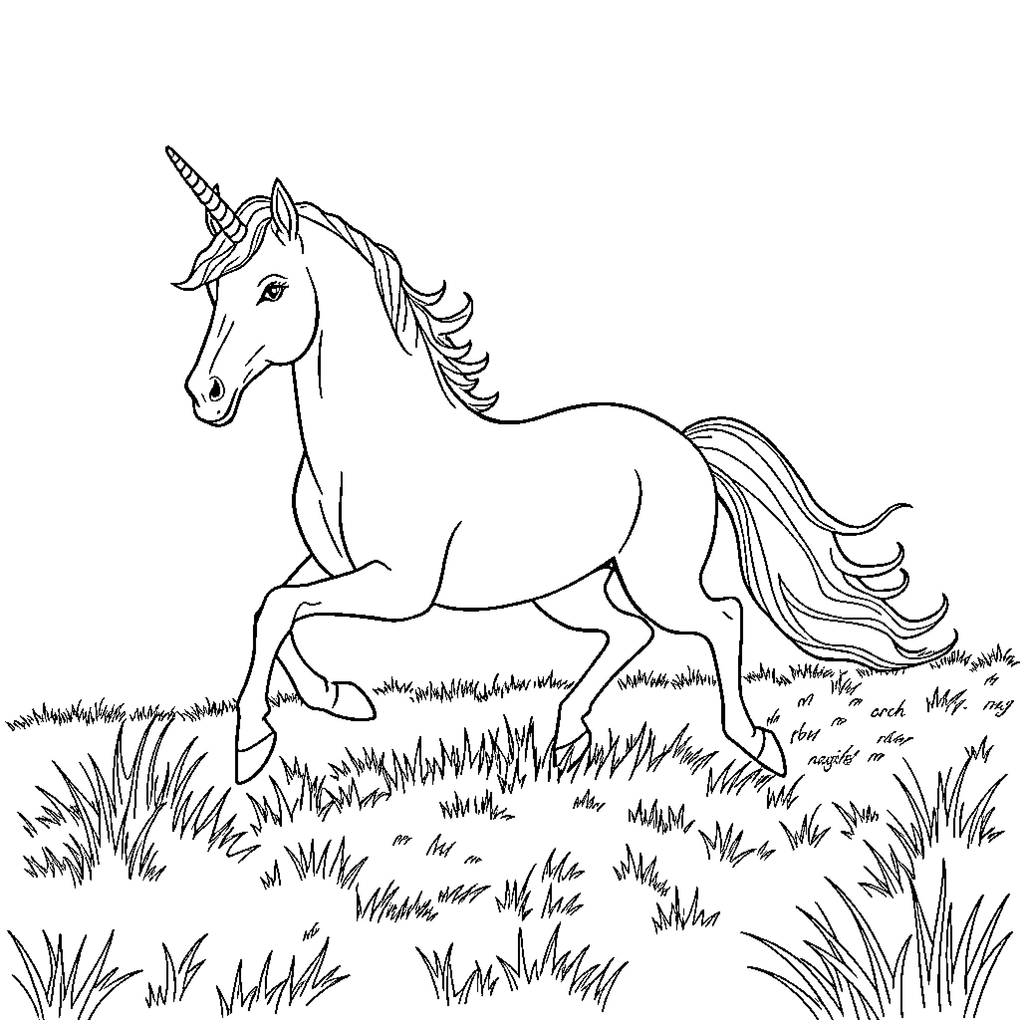 Unicorn galloping through a grassy field Coloring Page (free black-and-white line drawing printable PDF for all, from beginners to advanced learners, including children, teens, adults, and seniors)