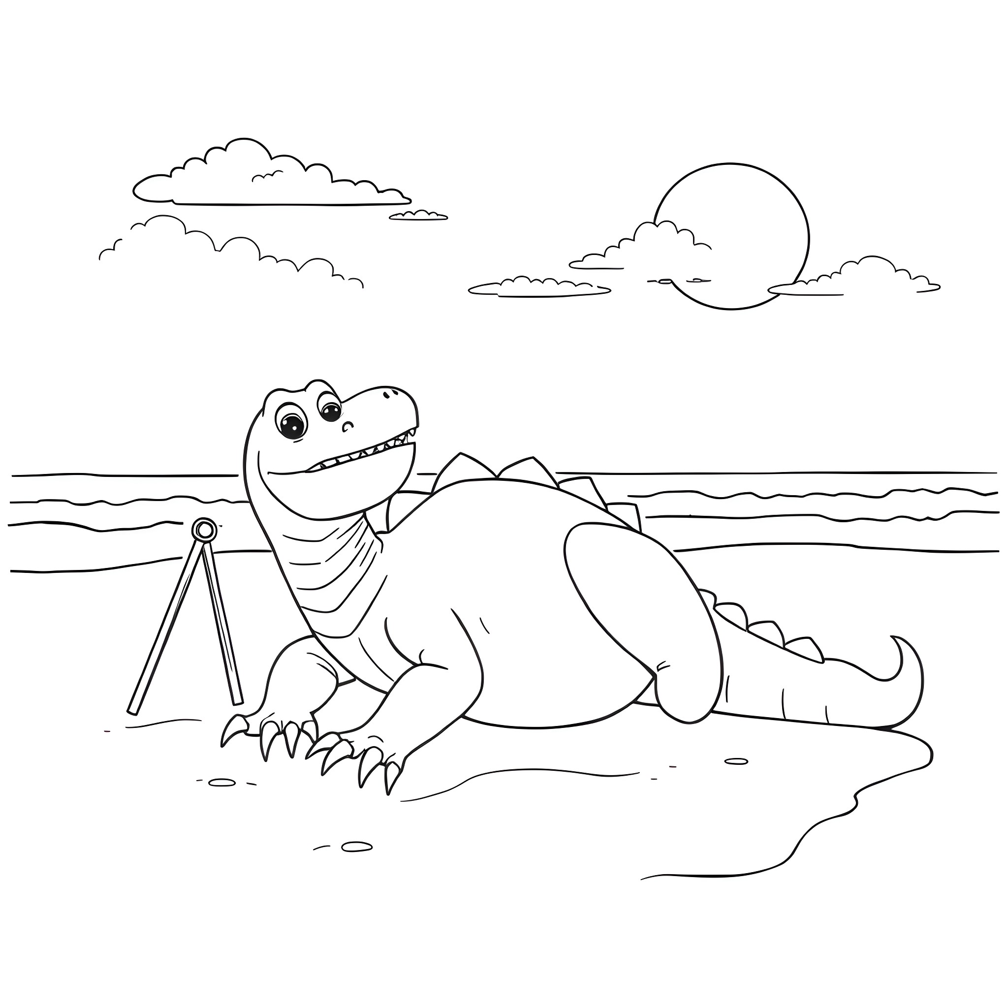 T-Rex enjoying a sunny day at the beach Coloring Page (free black-and-white line drawing printable PDF for all, from beginners to advanced learners, including children, teens, adults, and seniors)