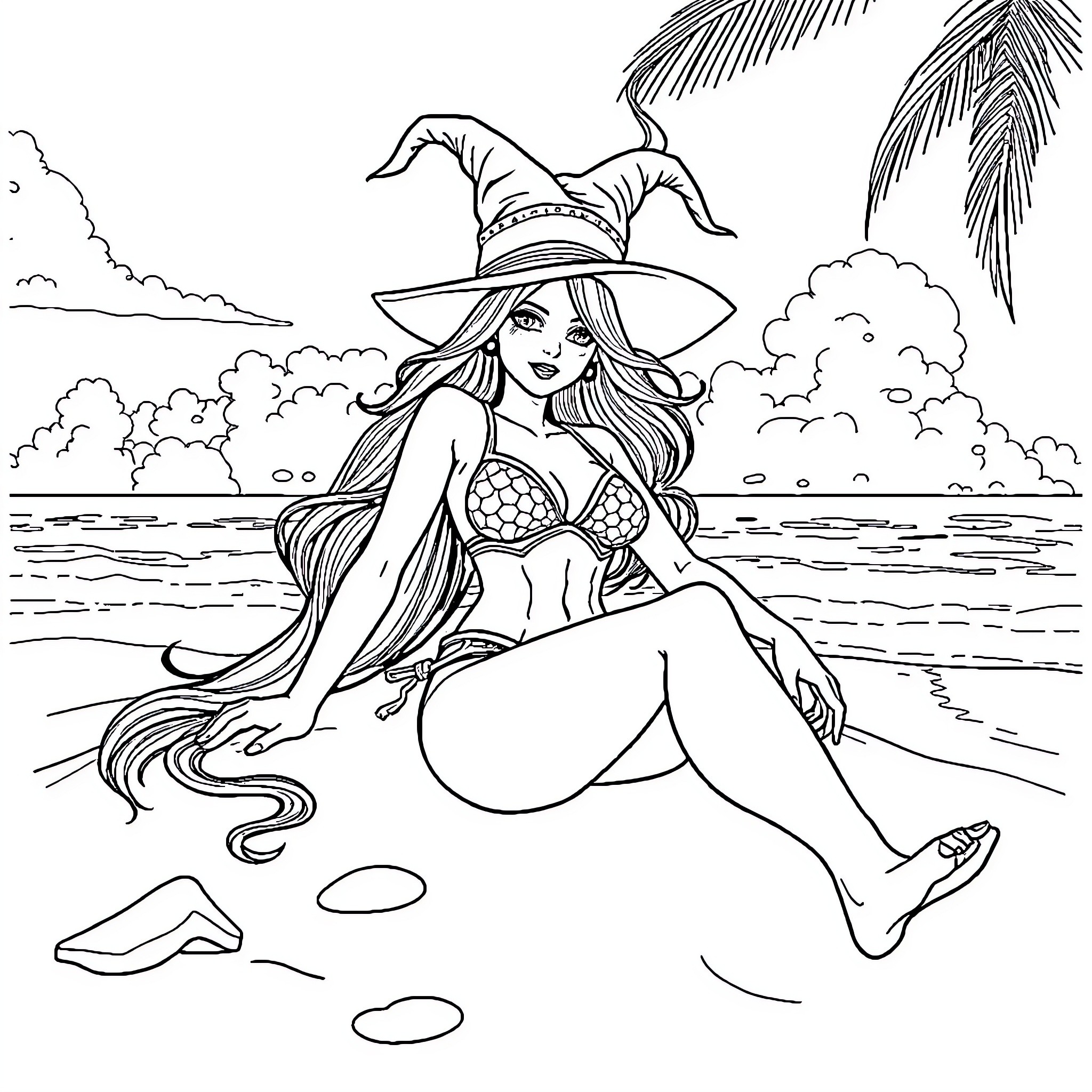 Dark Magician Girl relaxing on the beach Coloring Page (free black-and-white line drawing printable PDF for all, from beginners to advanced learners, including children, teens, adults, and seniors)
