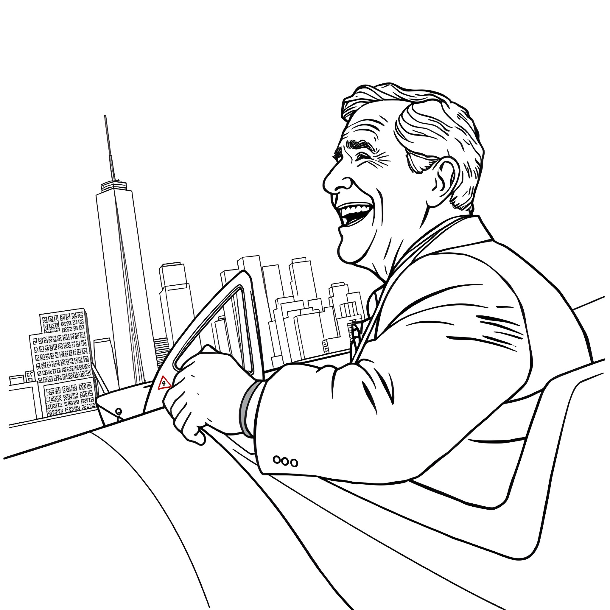 President Laughing Joyfully at City Skyline Coloring Page (free black-and-white line drawing printable PDF for all, from beginners to advanced learners, including children, teens, adults, and seniors)