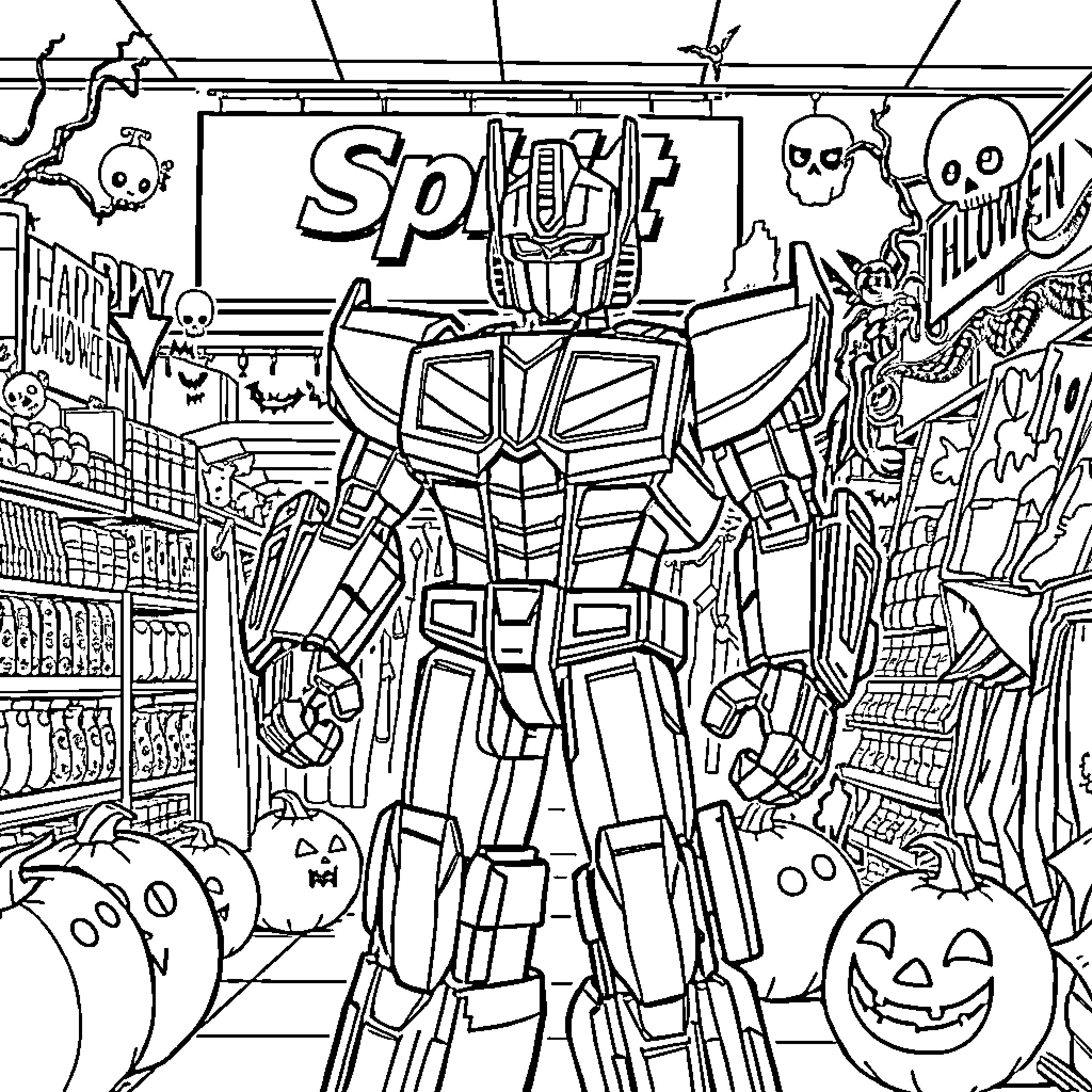 Transformer robot in a spooky Halloween store Coloring Page (free black-and-white line drawing printable PDF for all, from beginners to advanced learners, including children, teens, adults, and seniors)