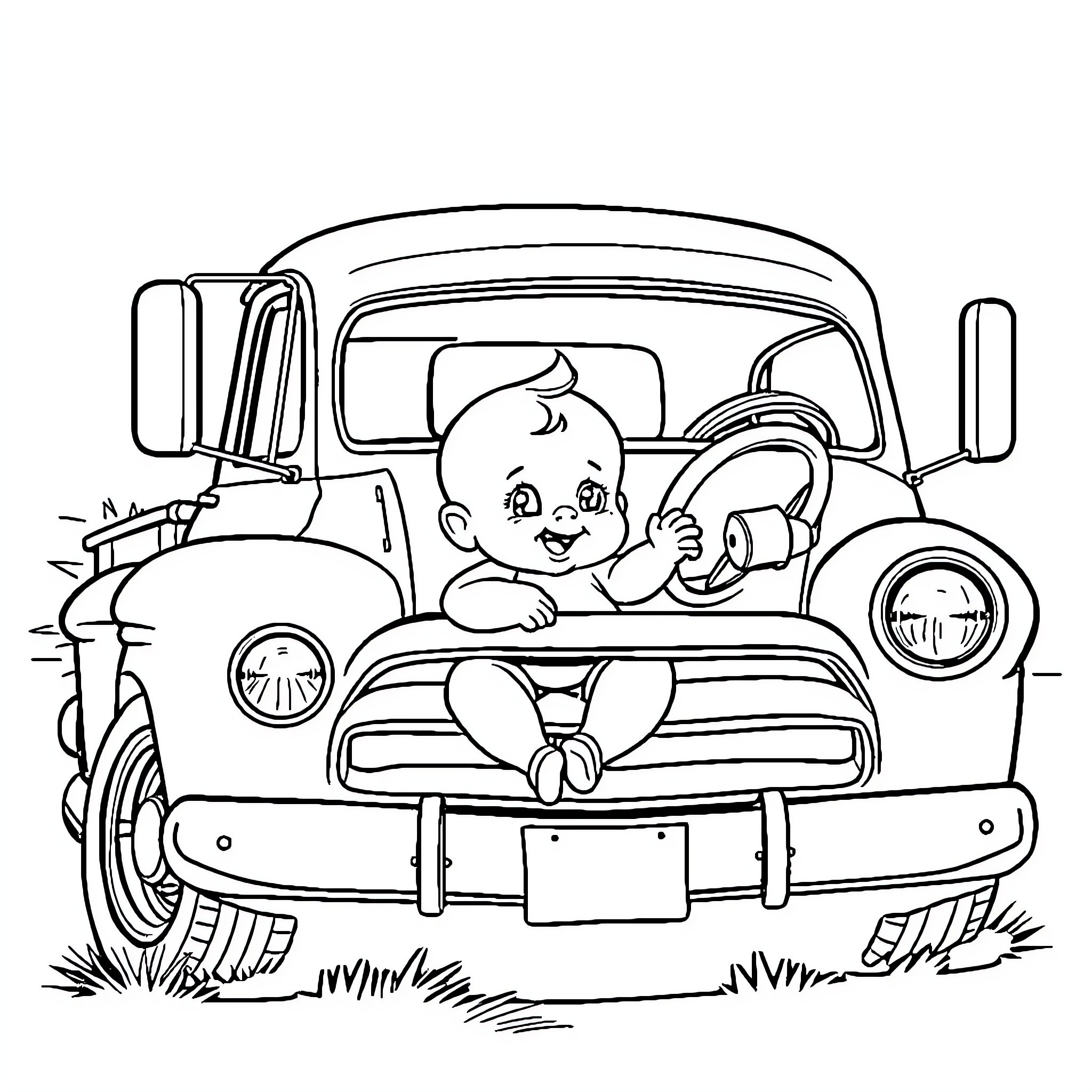 Baby playing happily in vintage car Coloring Page (free black-and-white line drawing printable PDF for all, from beginners to advanced learners, including children, teens, adults, and seniors)