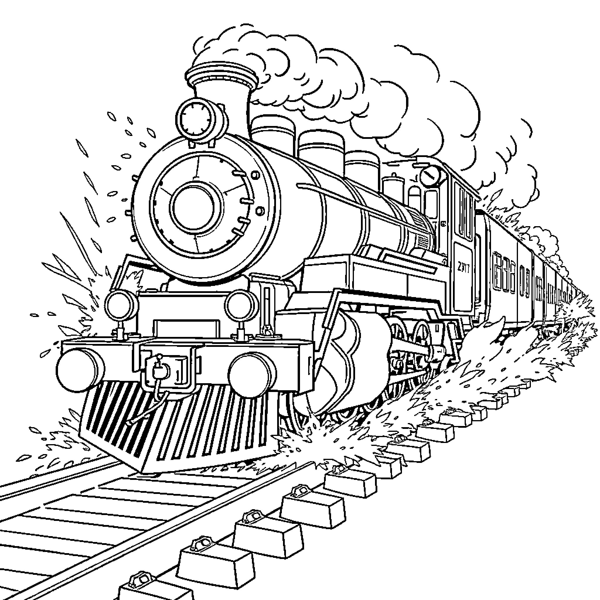 Train speeding through the countryside Coloring Page (free black-and-white line drawing printable PDF for all, from beginners to advanced learners, including children, teens, adults, and seniors)