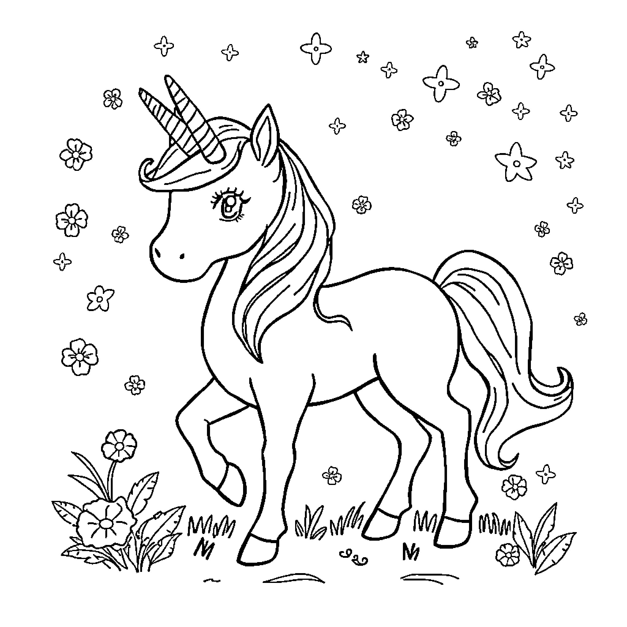 Unicorn frolicking in a magical field Coloring Page (free black-and-white line drawing printable PDF for all, from beginners to advanced learners, including children, teens, adults, and seniors)