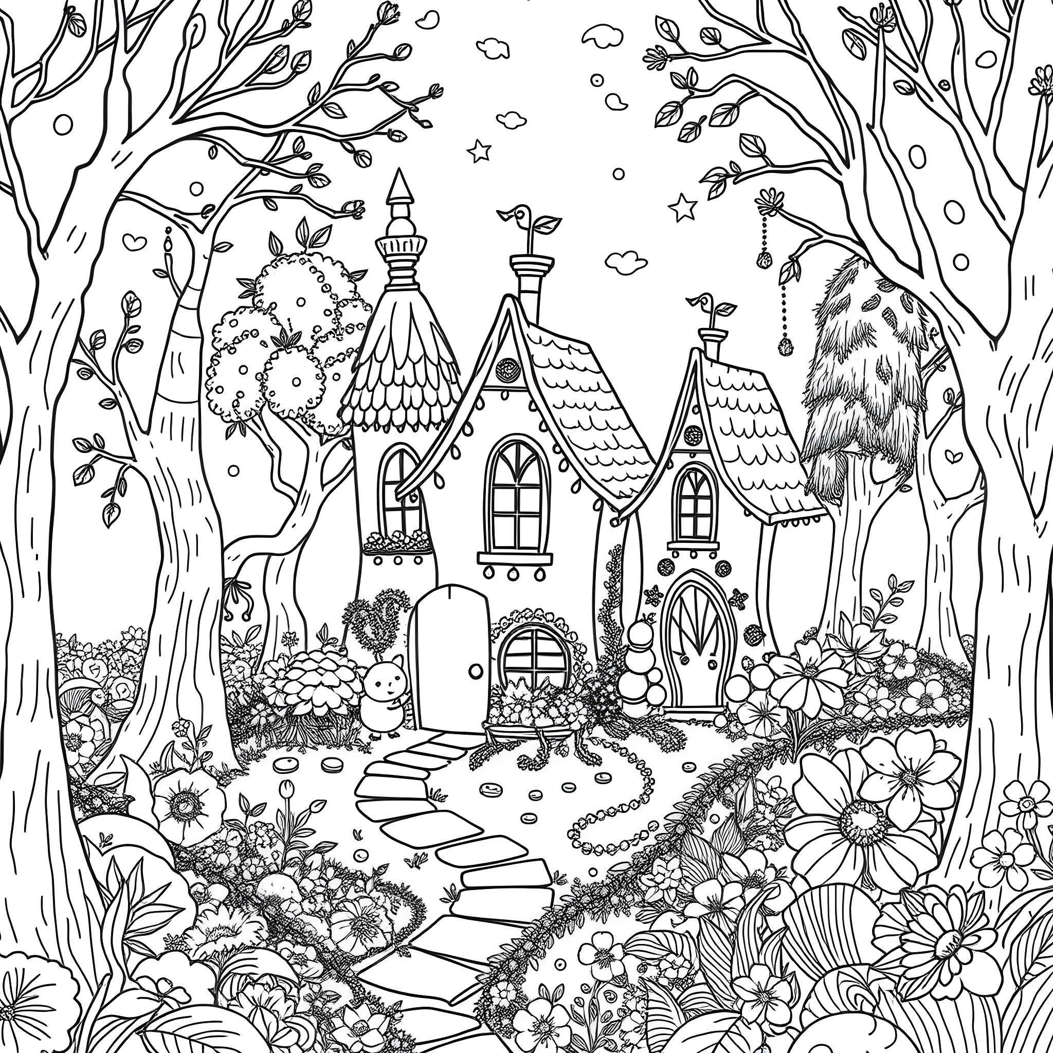 Cottage in a Whimsical Forest Coloring Page (free black-and-white line drawing printable PDF for all, from beginners to advanced learners, including children, teens, adults, and seniors)