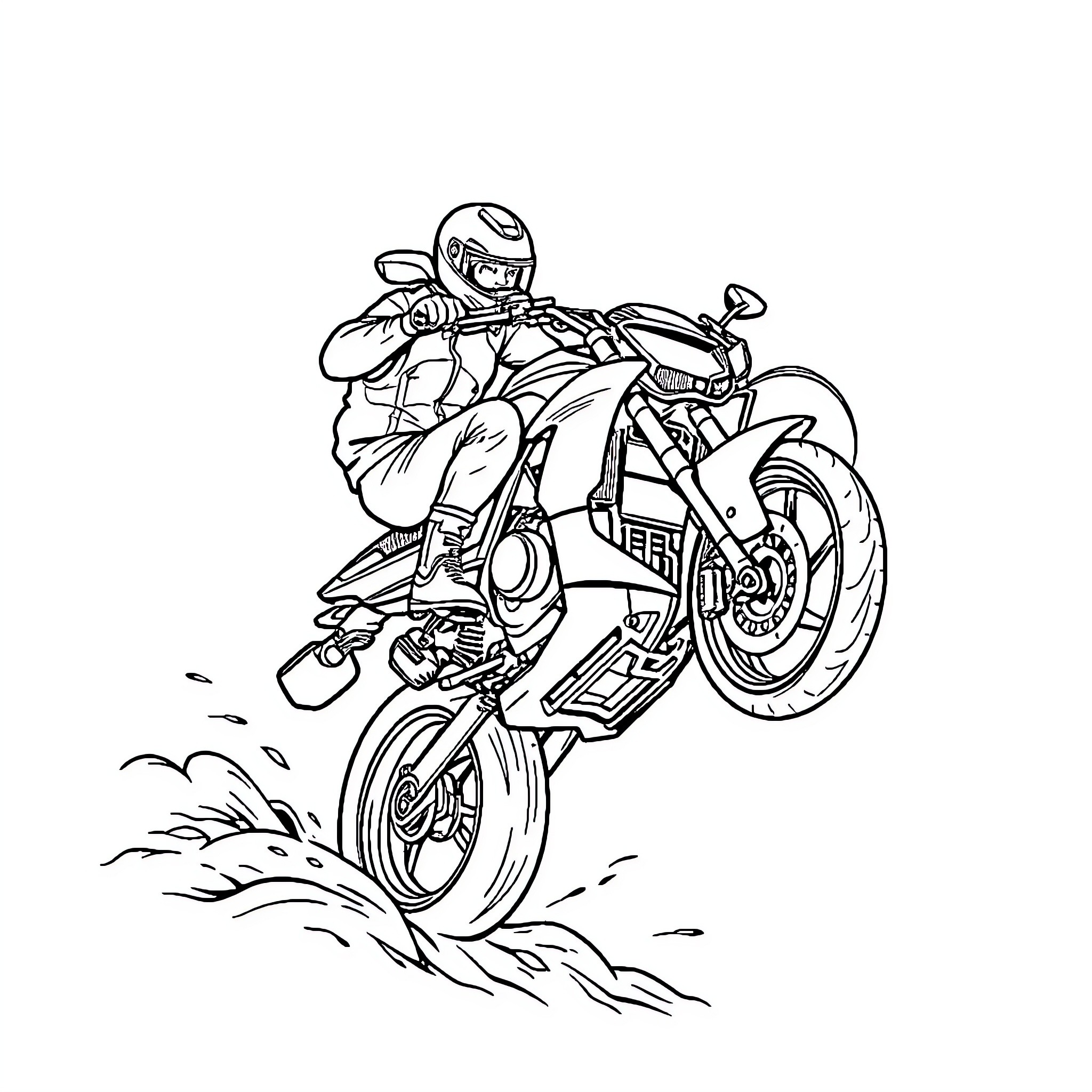 Moto Rider Performing Stunt on Motorcycle Coloring Page (free black-and-white line drawing printable PDF for all, from beginners to advanced learners, including children, teens, adults, and seniors)