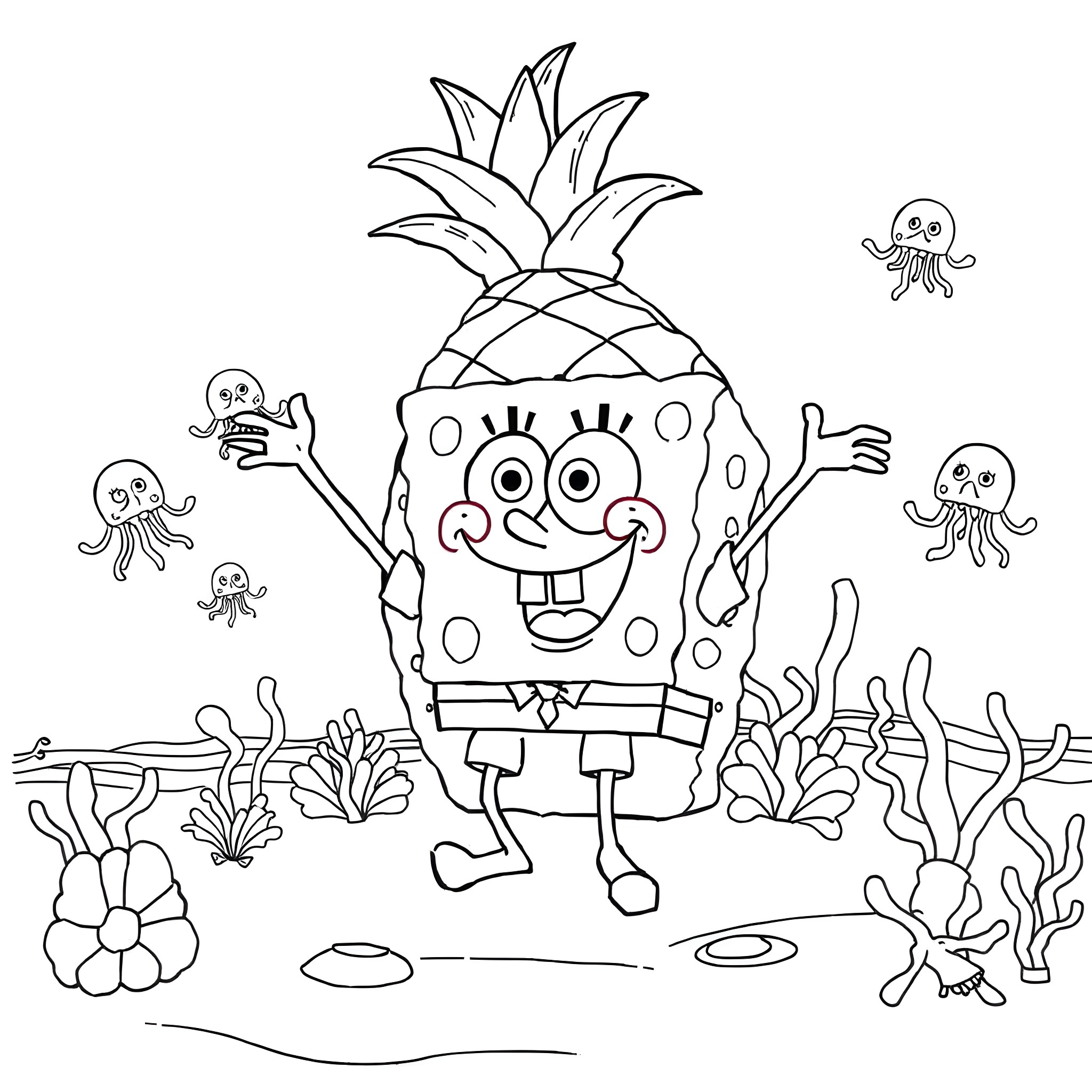 Spongebob exploring the underwater world with jellyfish friends Coloring Page (free black-and-white line drawing printable PDF for all, from beginners to advanced learners, including children, teens, adults, and seniors)